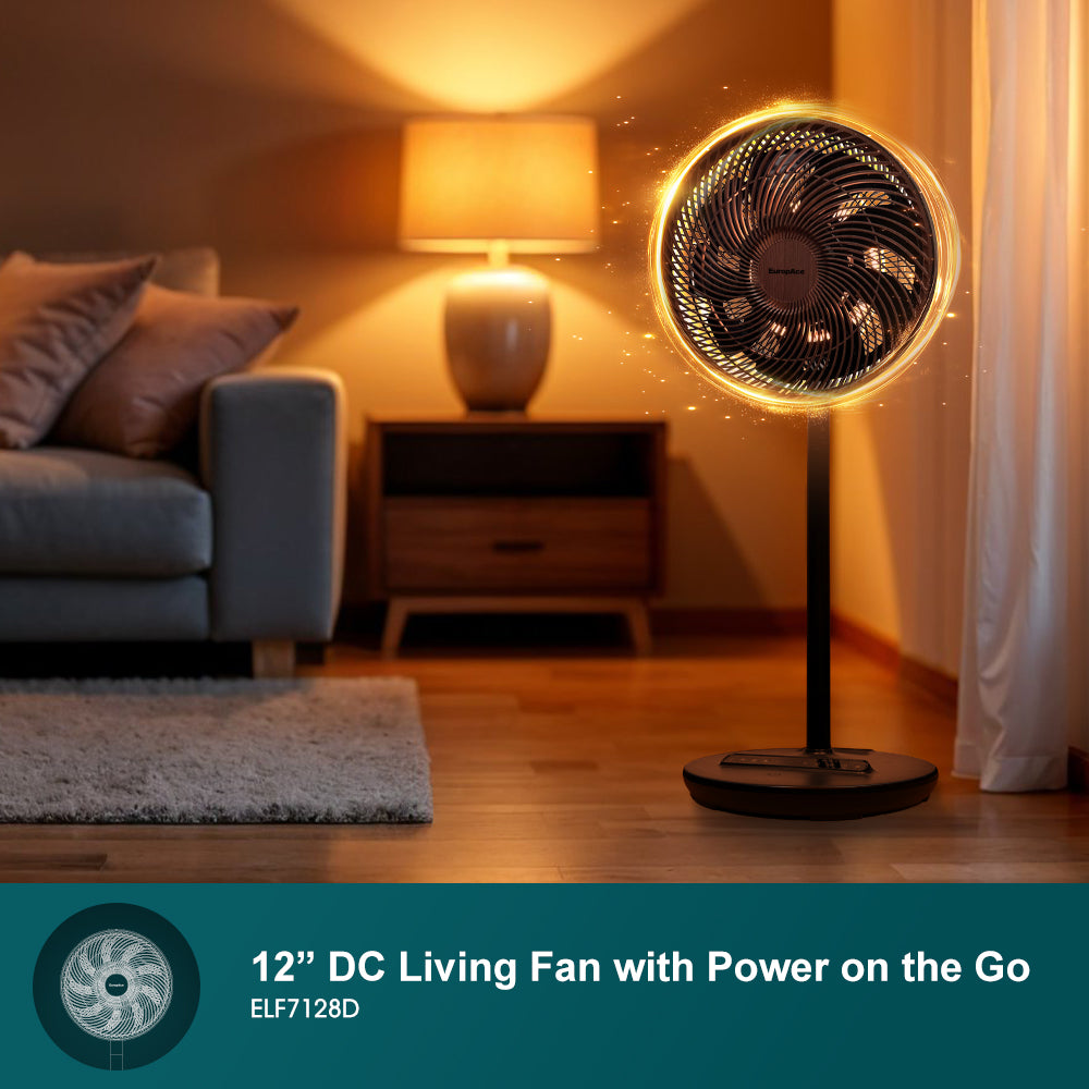 12” Portable DC High Velocity Fan w Ambient Light | Power on the Go (Power Bank Compatible), 3D Oscillation, Easy Clean