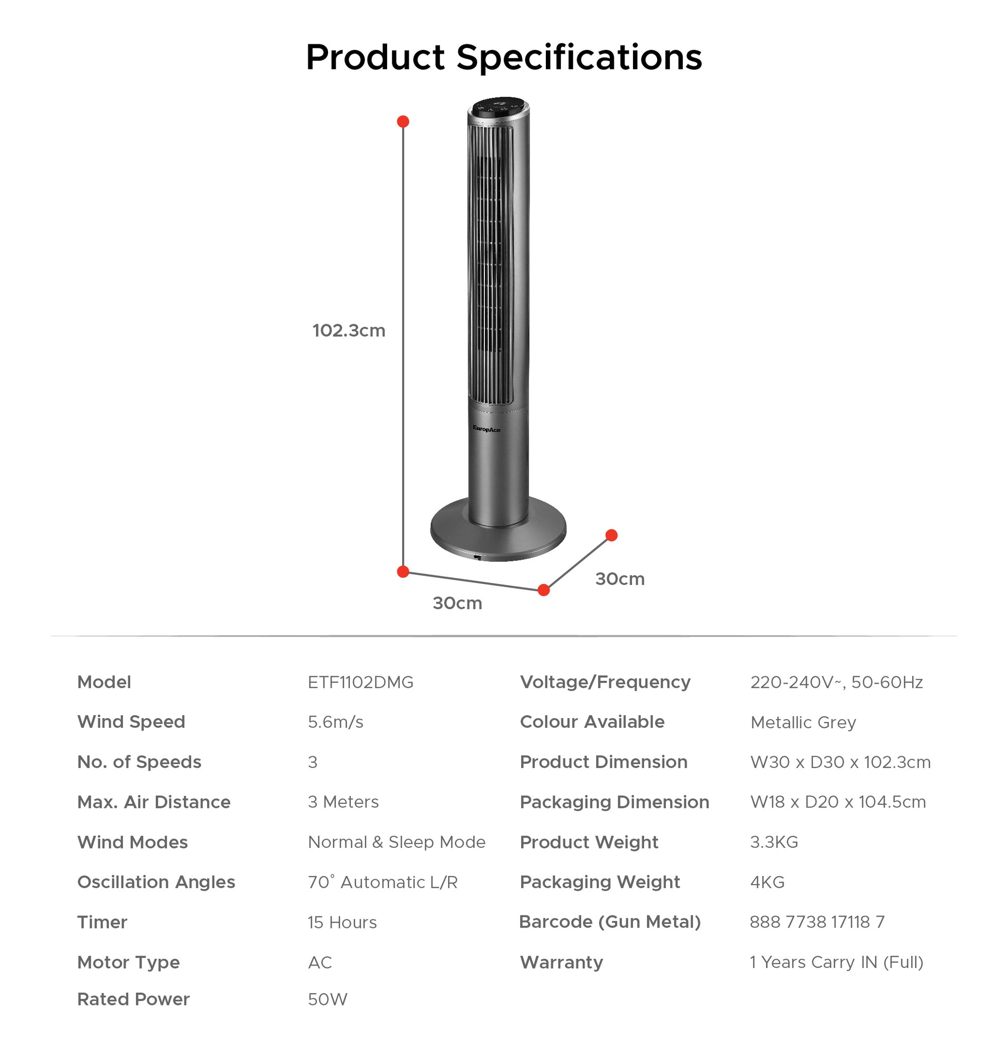 40" Metallic Grey Tower Fan | Online Exclusive, Safe for Children, Touch Control