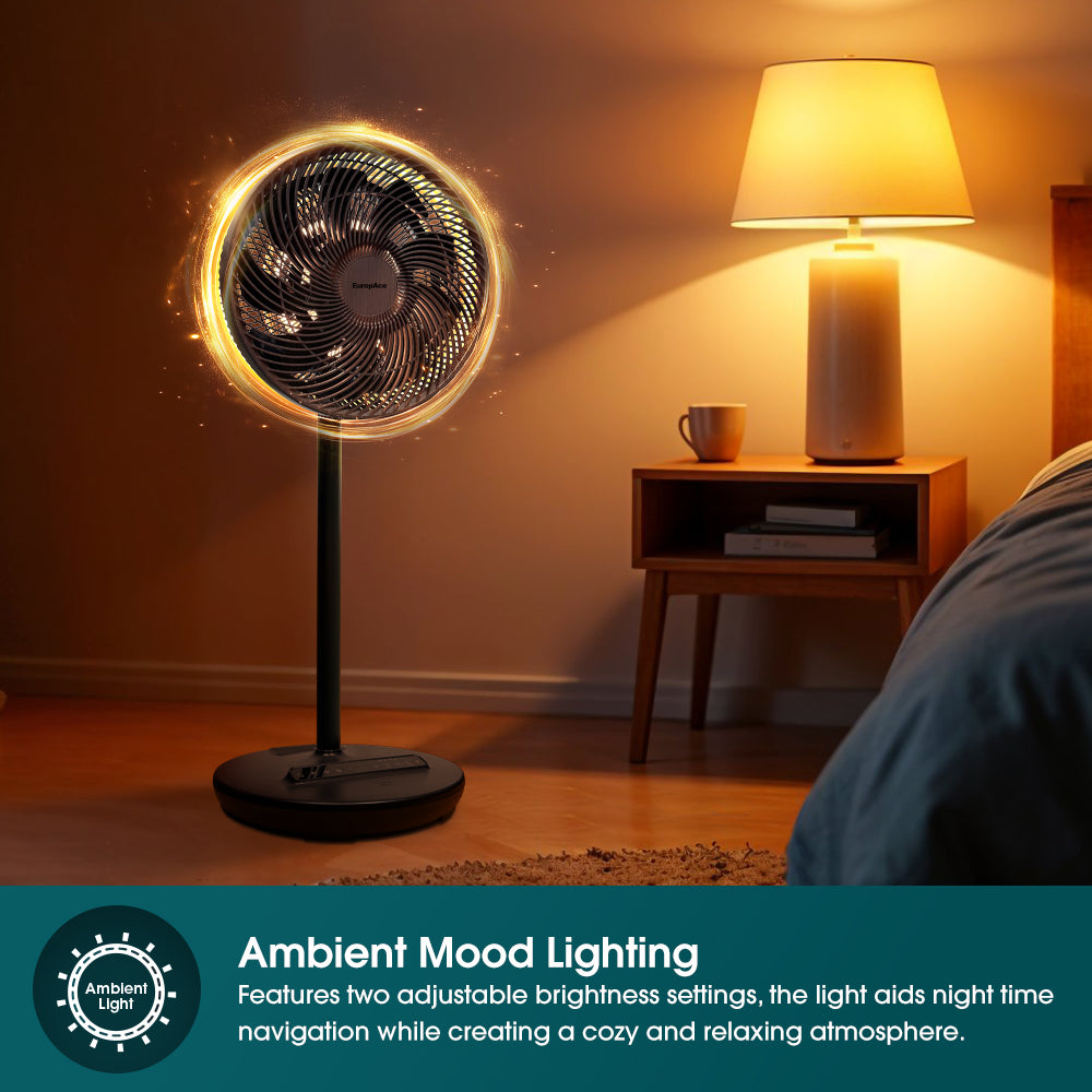 12” Portable DC High Velocity Fan w Ambient Light | Power on the Go (Power Bank Compatible), 3D Oscillation, Easy Clean