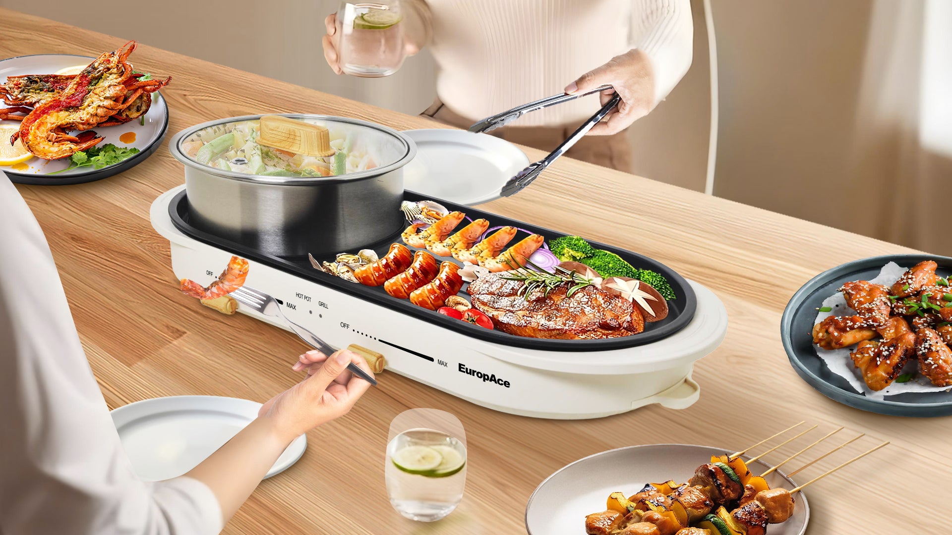 Electric Hot Pot 二つの調理エリア 3L Hotpot with Non-Stick Grill EMC7303D – EuropAce