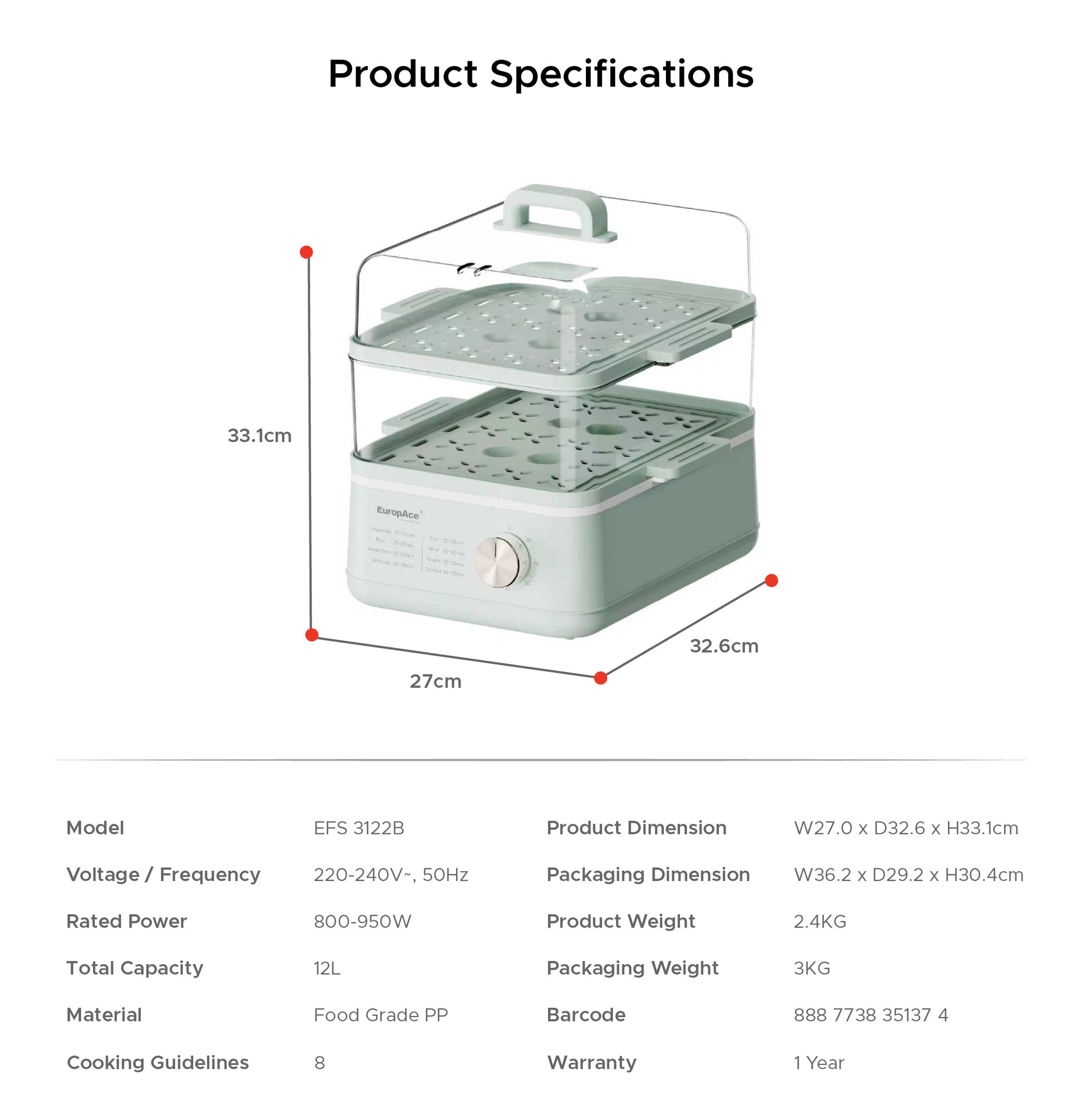 2 Tier 12L Food Steamer