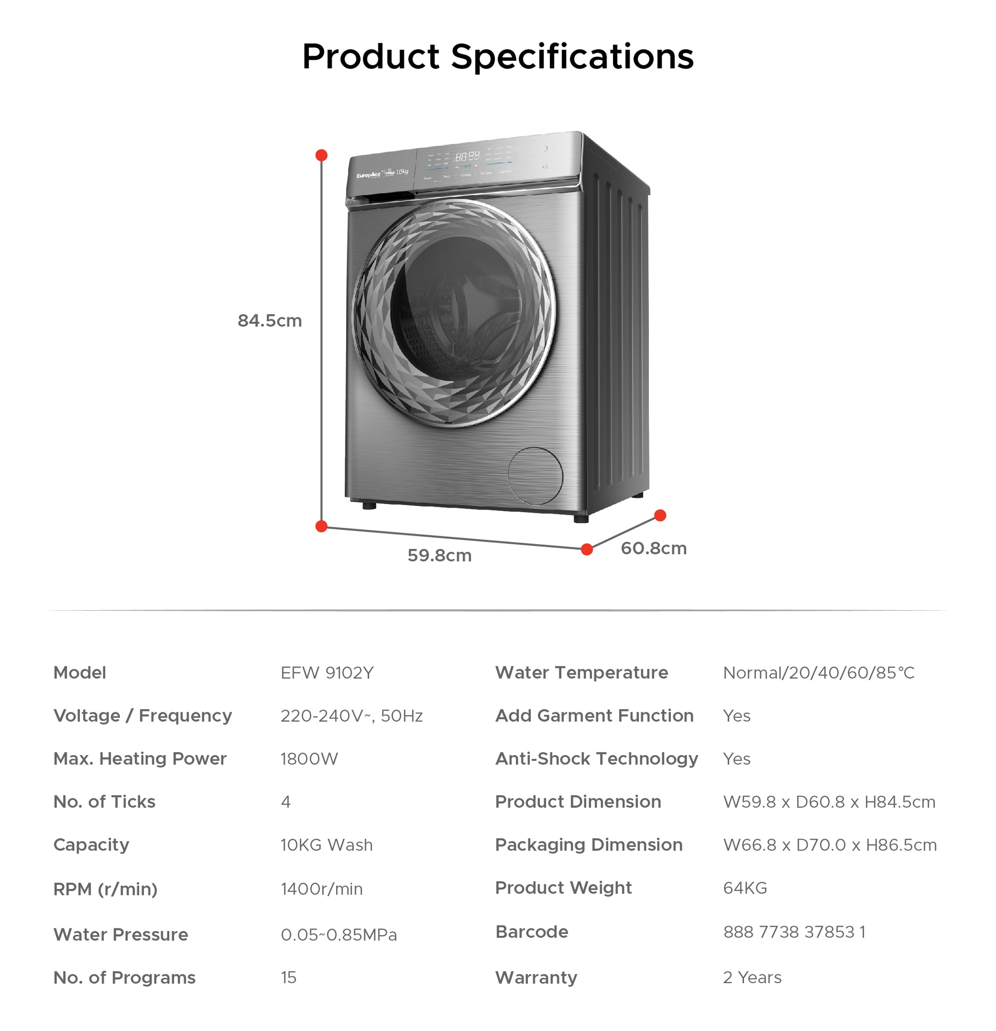 (Preorder) 10KG 4 Ticks Steam Front Load Washer