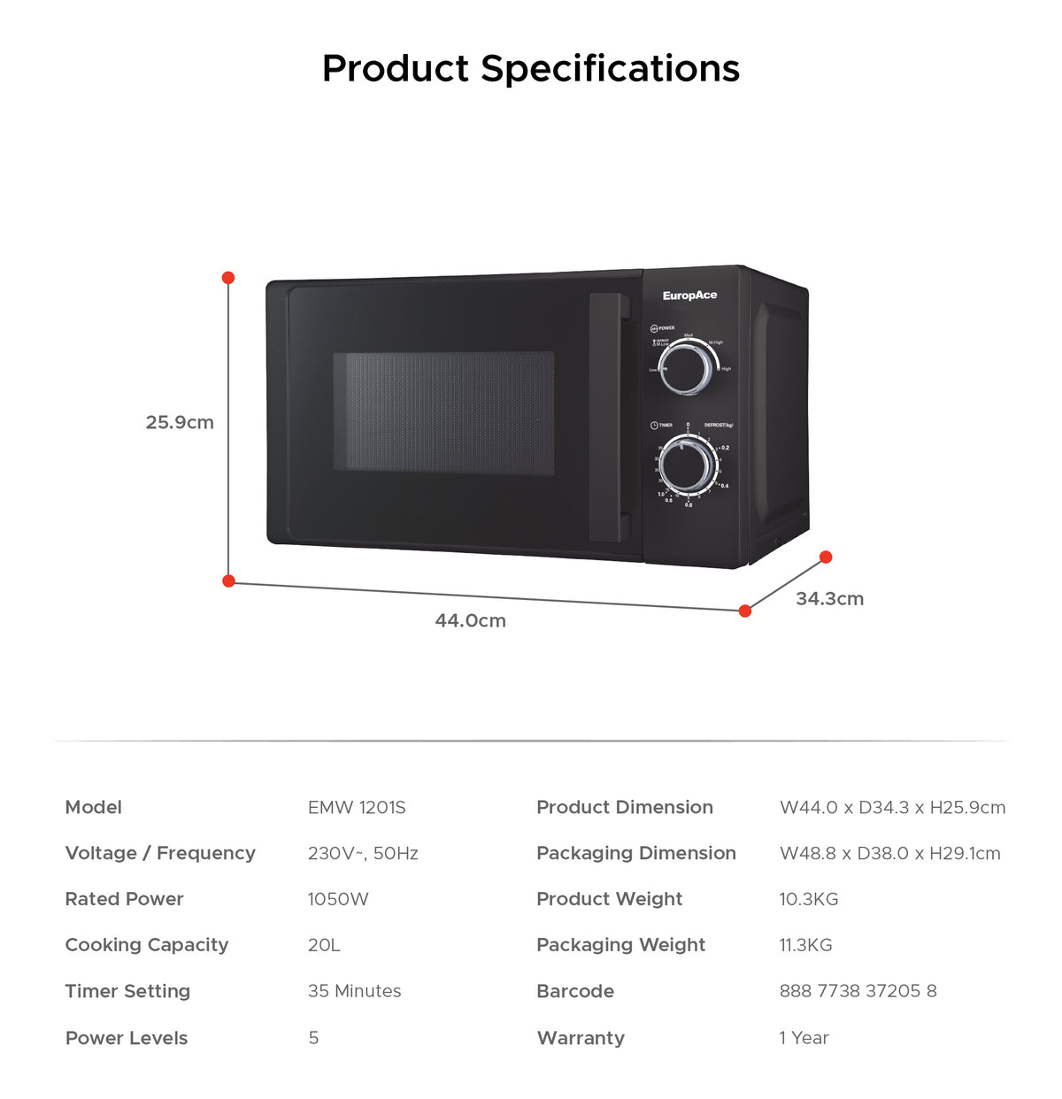 20L Microwave Oven 1050W | Defrost Setting, 5 Power Levels, Easy Knob Control