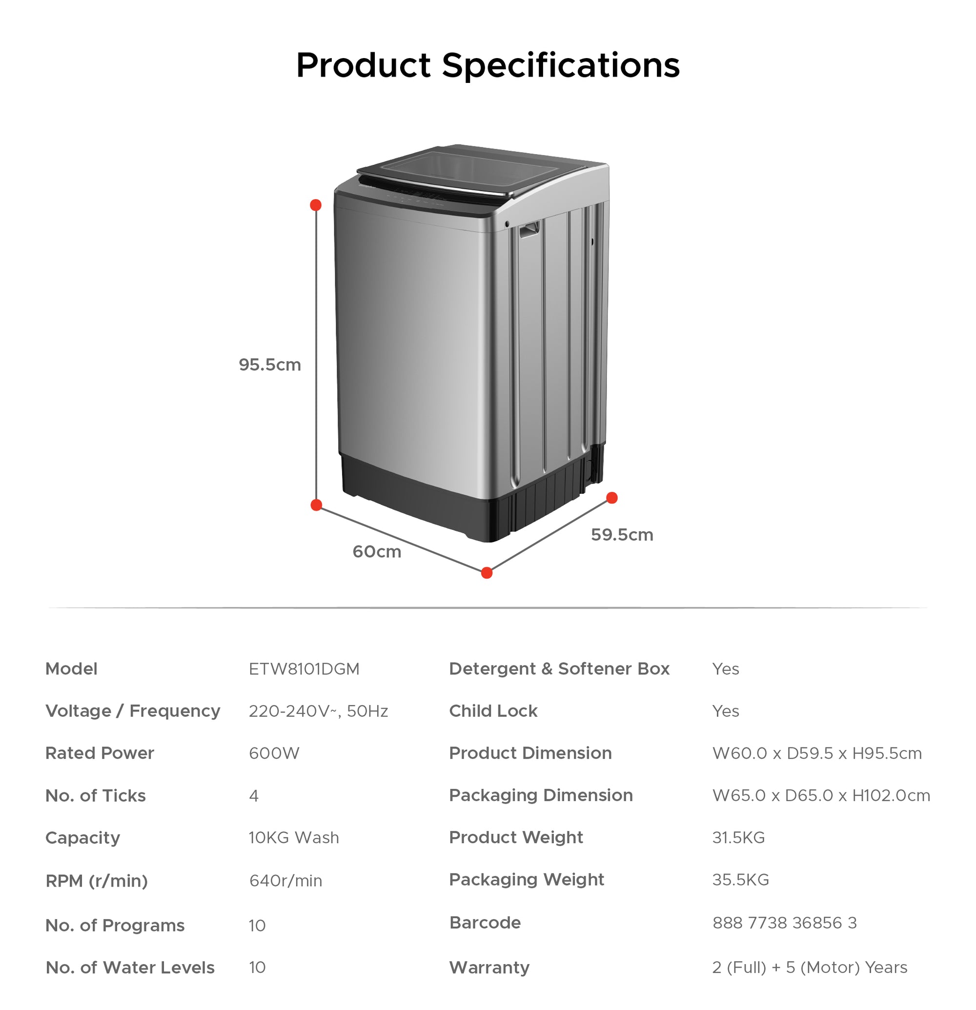 10KG 4 Ticks Top Load Washer with FREE 1L DC Mini Air Cooler (Worth $139)