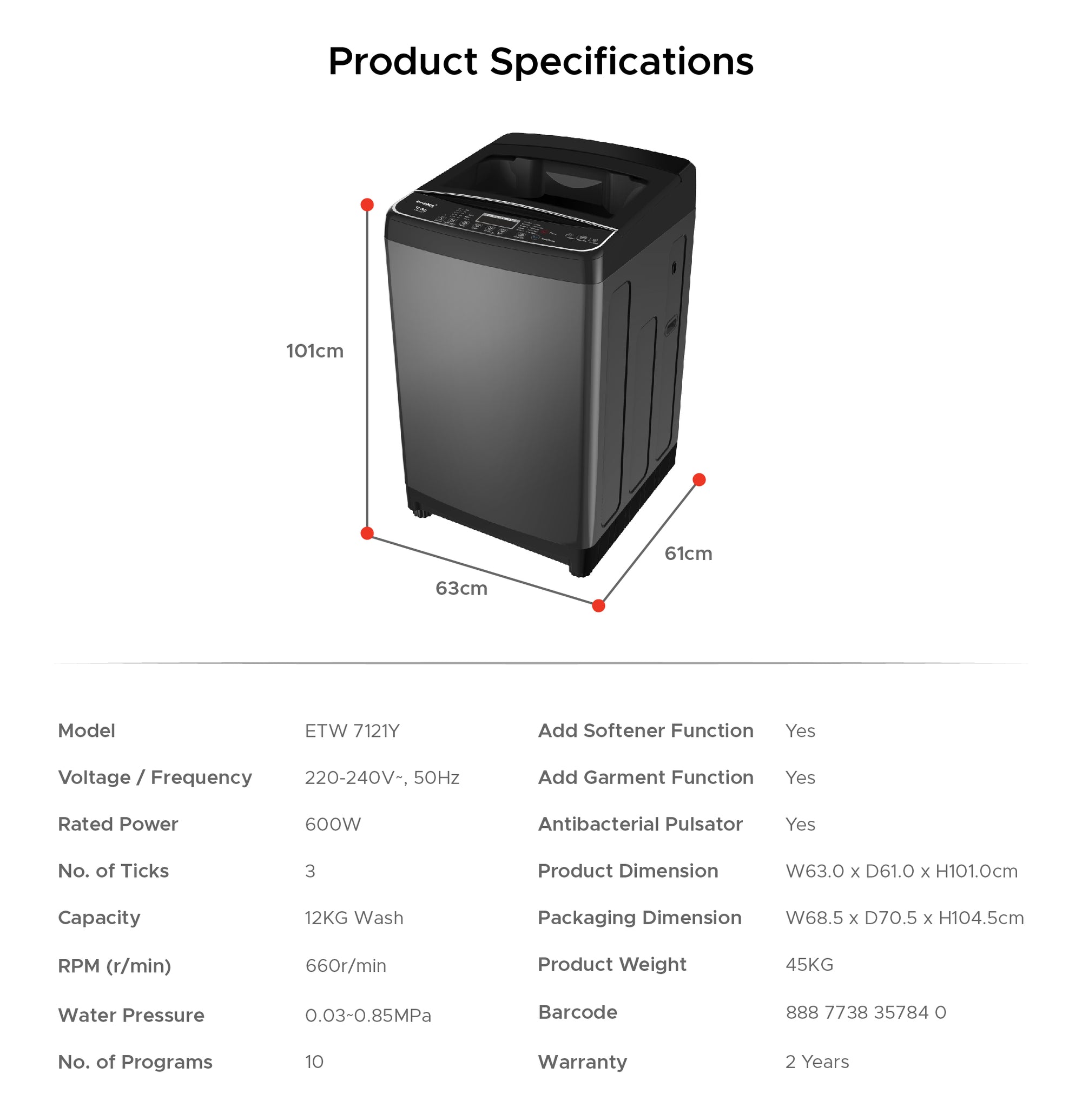 12KG 4 Ticks Top Load Washer with FREE 12” Living Fan (Worth $99)