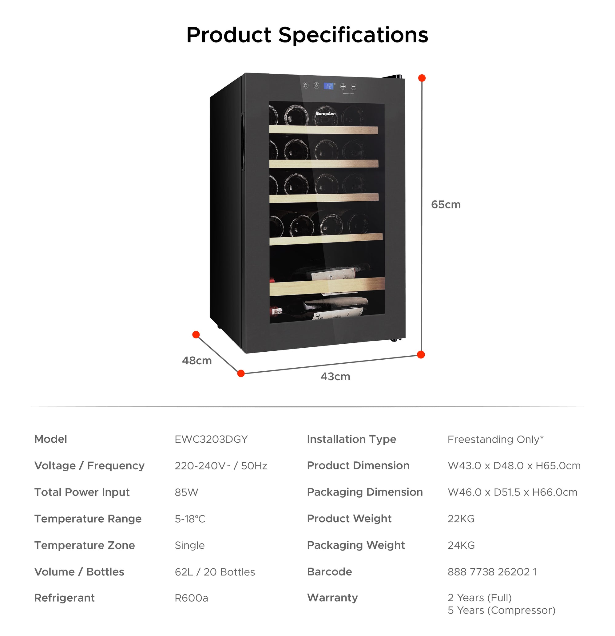 20 Bottles Wine Chiller | 3 Layered Anti-UV Glass, Beechwood Shelves