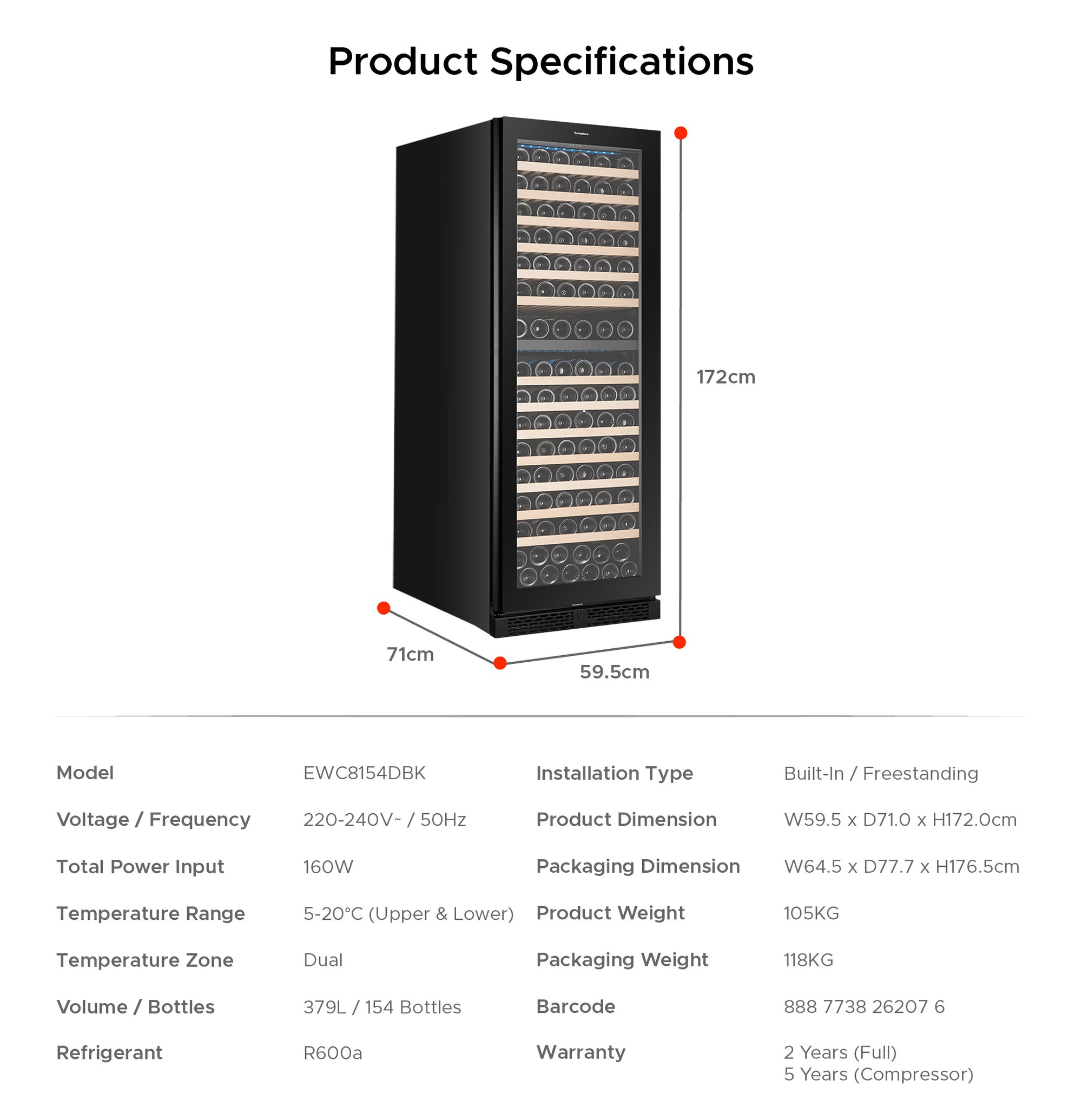 154 Bottles Dual Zone Wine Chiller with FREE PLAY Series Air Purifier (Worth $459)