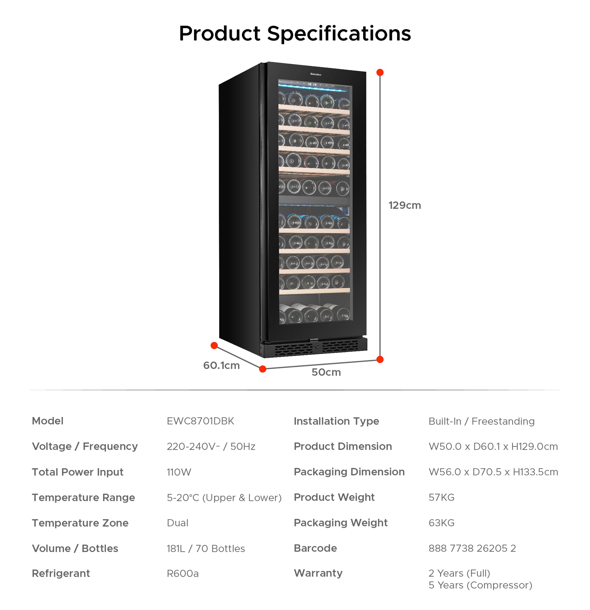 70 Bottles Dual Zone Wine Chiller with FREE PLAY Series Air Purifier (Worth $459)