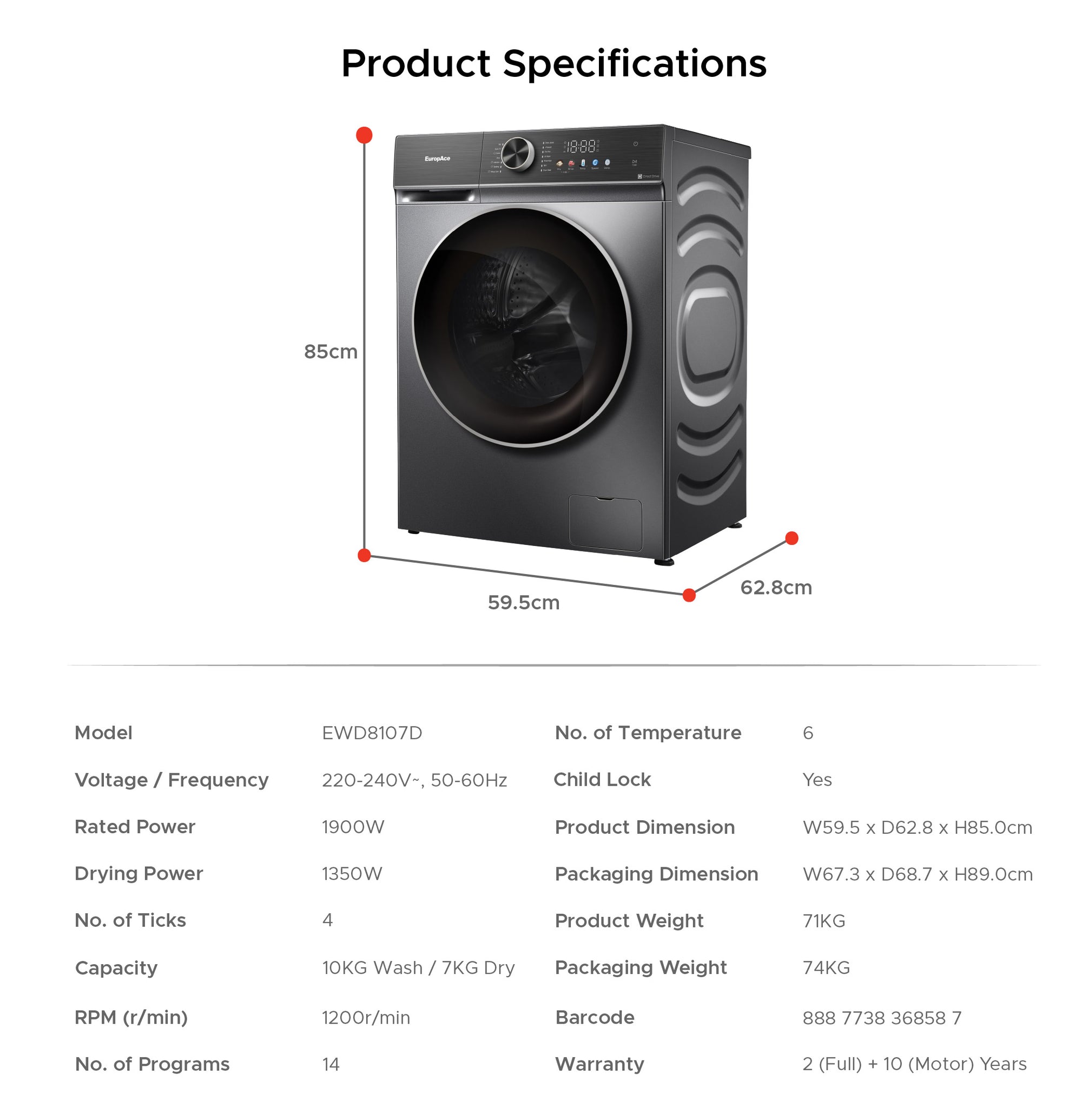 10+7KG Steam Washer Dryer | Direct Drive Motor, 99.9% Anti-Bacterial