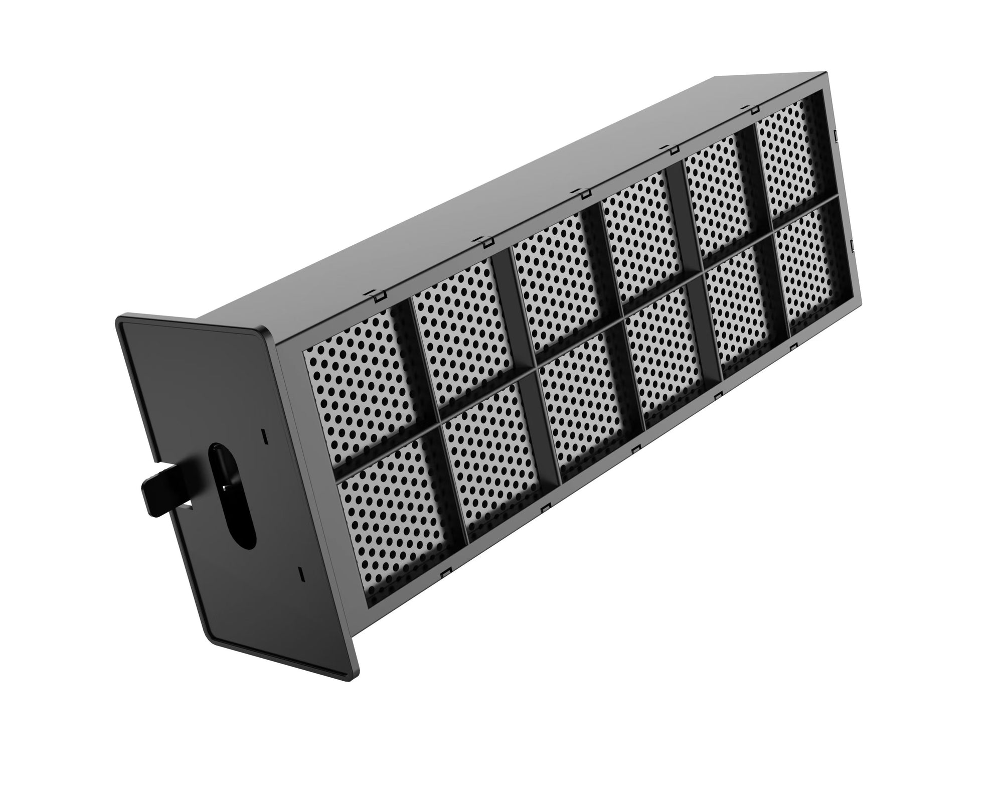 A black rectangular metal diffuser panel with multiple square perforated grilles and a mounting bracket on one end, shown on a plain white background.