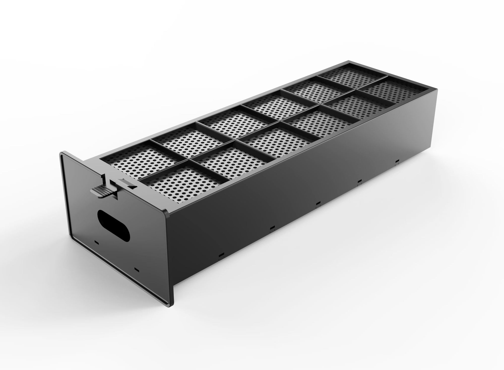A black rectangular metal filter or rack with a perforated top grid and a side mounting bracket, shown on a clean white background.