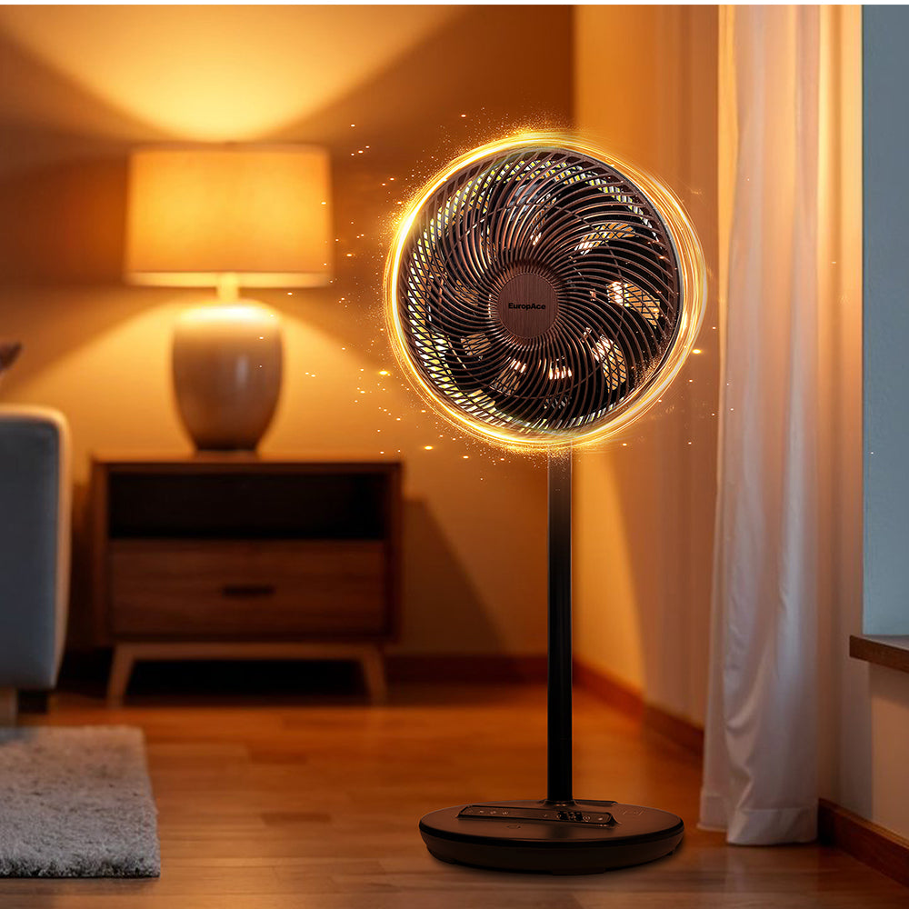 12” Portable DC High Velocity Fan w Ambient Light (Black with Dark Wood) | Power on the Go (Power Bank Compatible), 3D Oscillation, Easy Clean