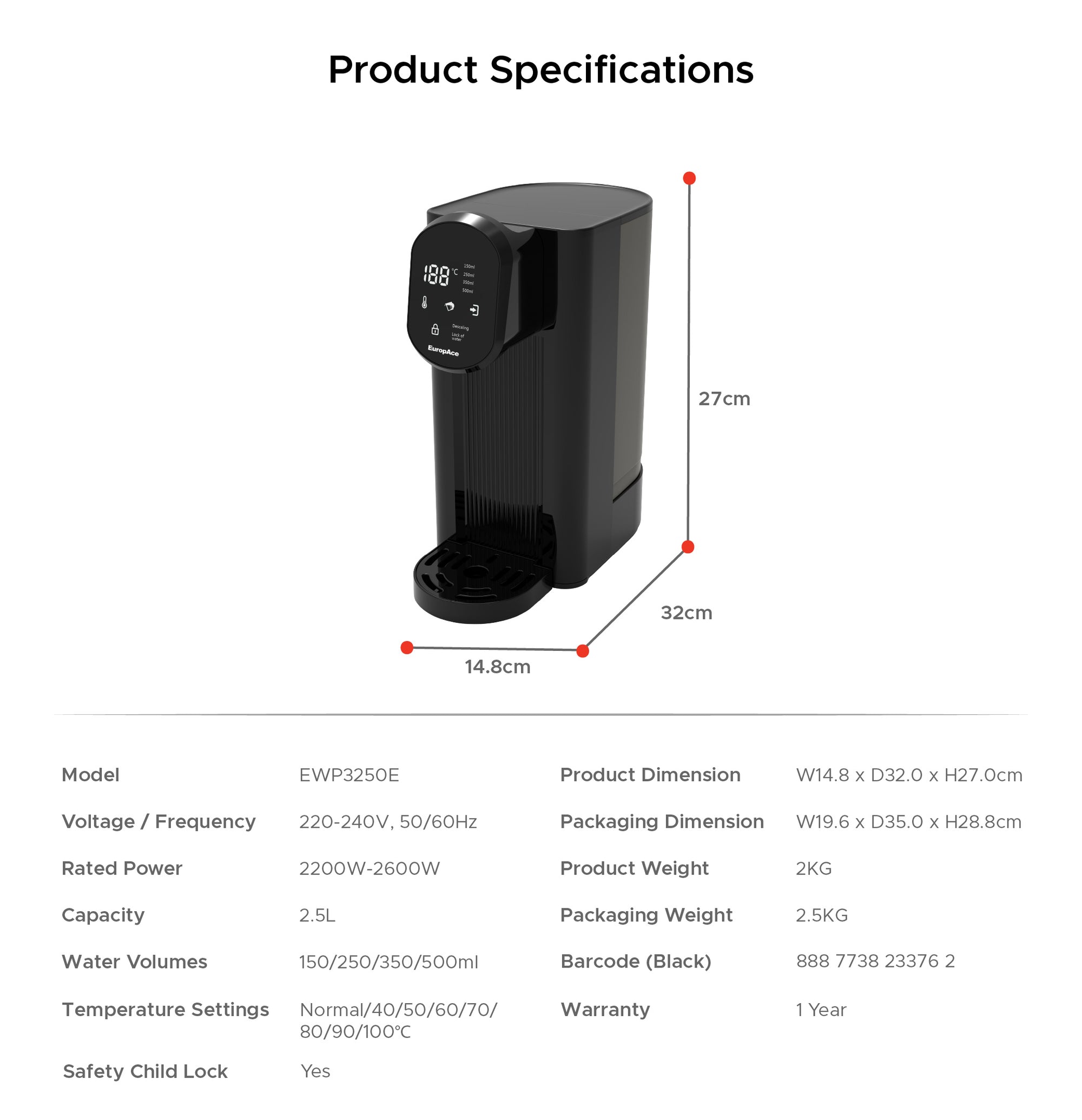 SteamO Hot Water Dispenser | Plug & Play Convenience | up to 100°C Hot Water | Touch Panel