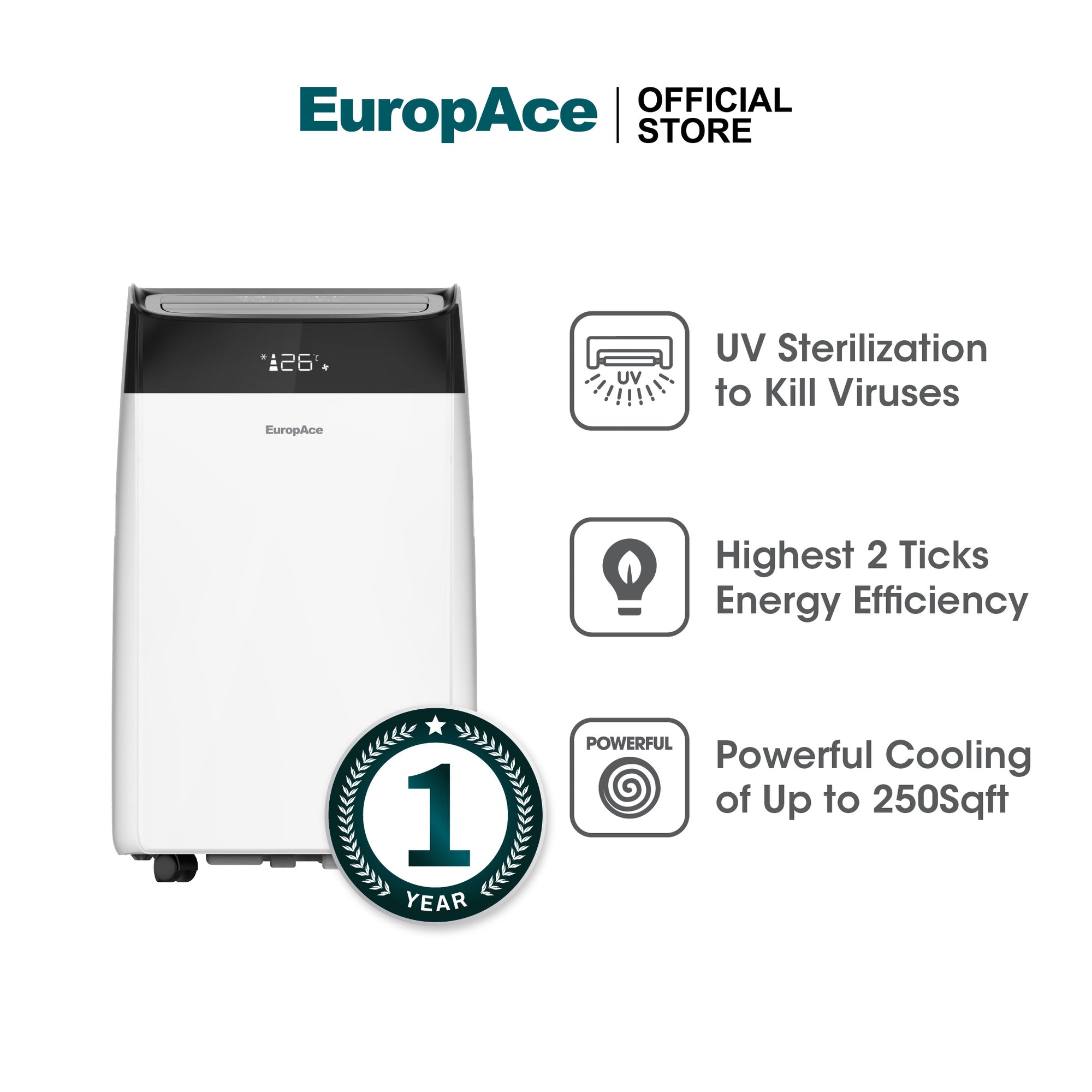 [2025 Model] 10,000 BTU 4-IN-1 Smart Air Purifying Green Portable Aircon | 250sqft, 99.97% Airborne Particles Removal, Smart WiFi, Front LED Display