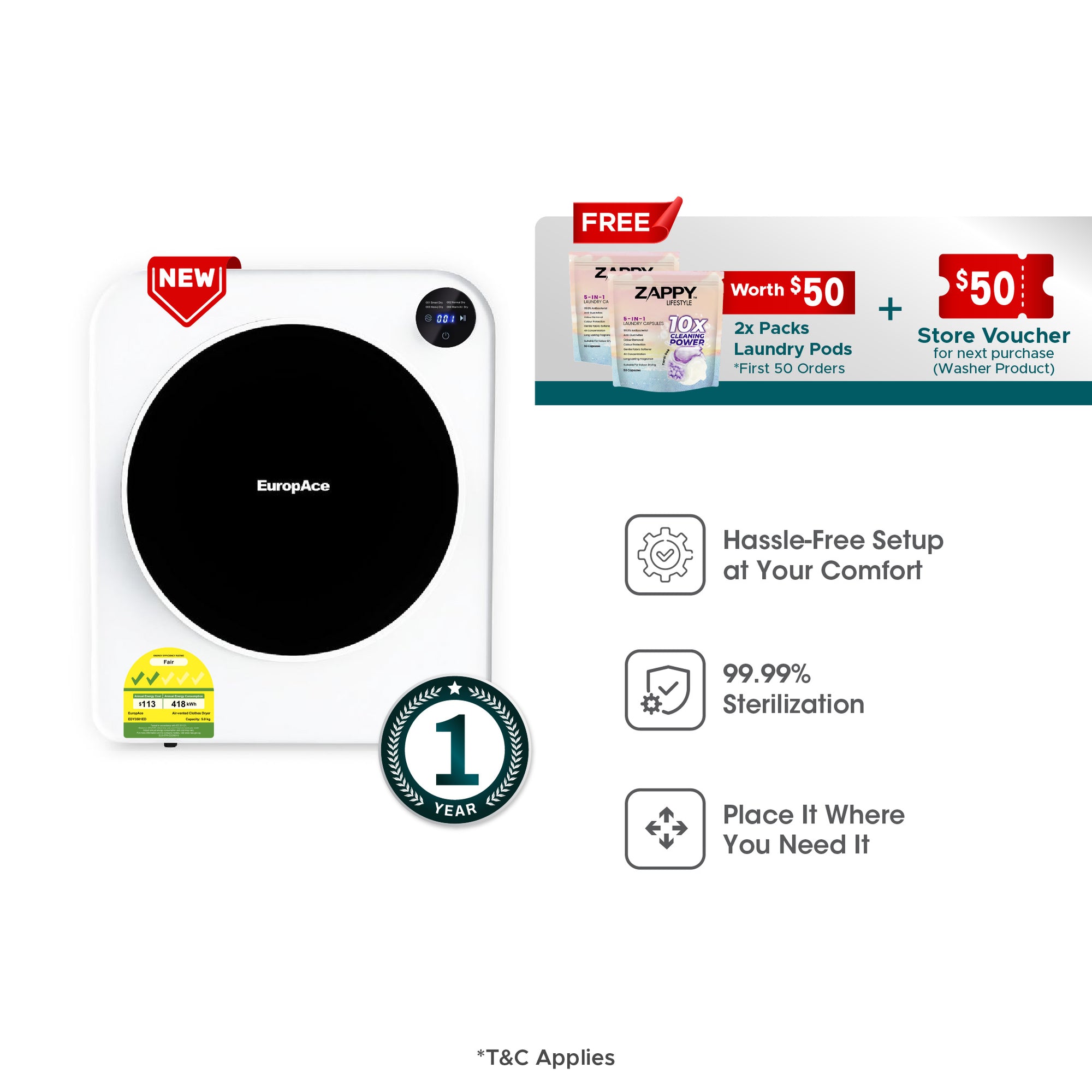 (Pre-order) Moon Series 5KG Compact Dryer | Touch Control, 99.99% Sterilization, Easy Installation, Flexible Placement