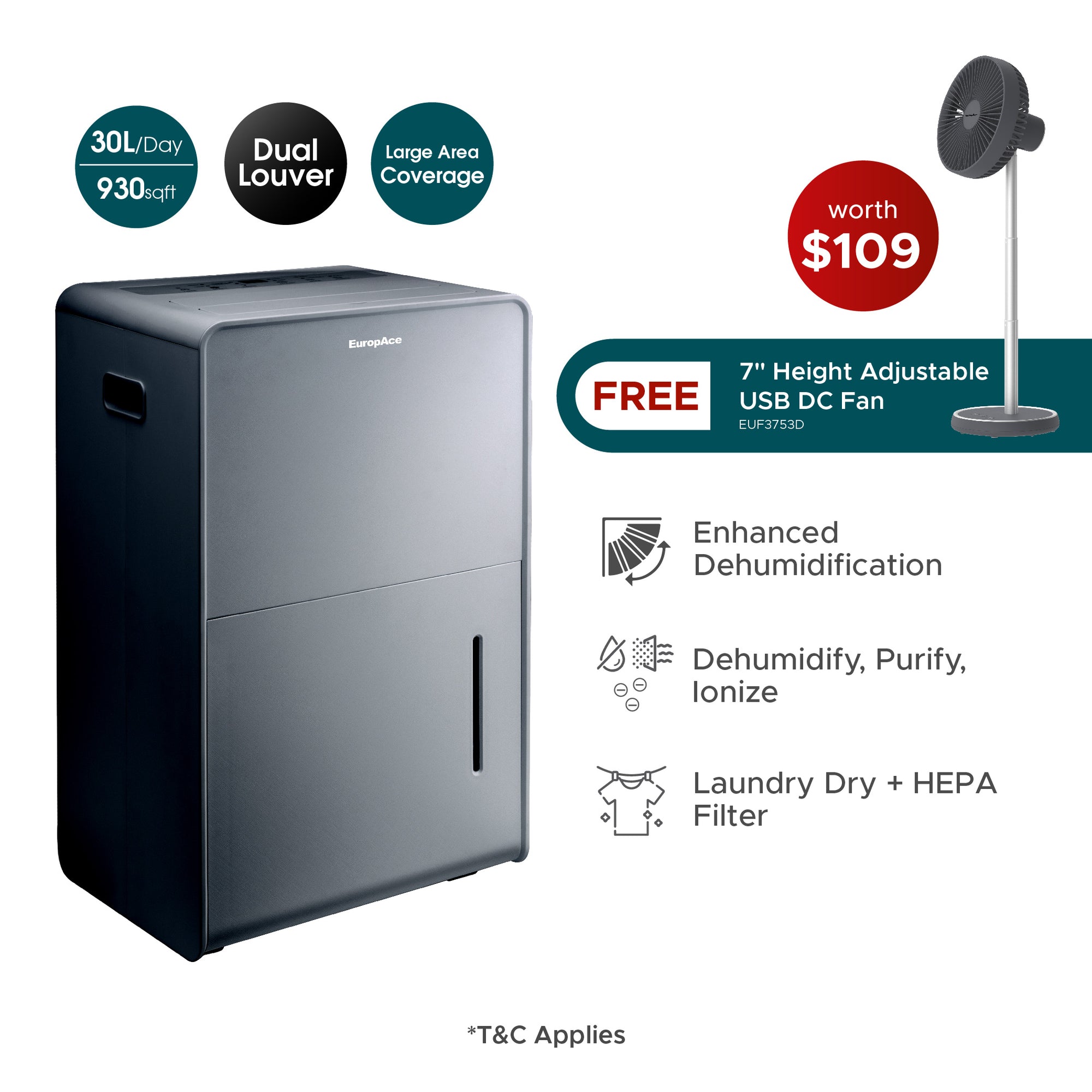 30L Dual Louvre Dehumidifier + Air Purifier with FREE 7" USB Portable Fan (Worth $109)