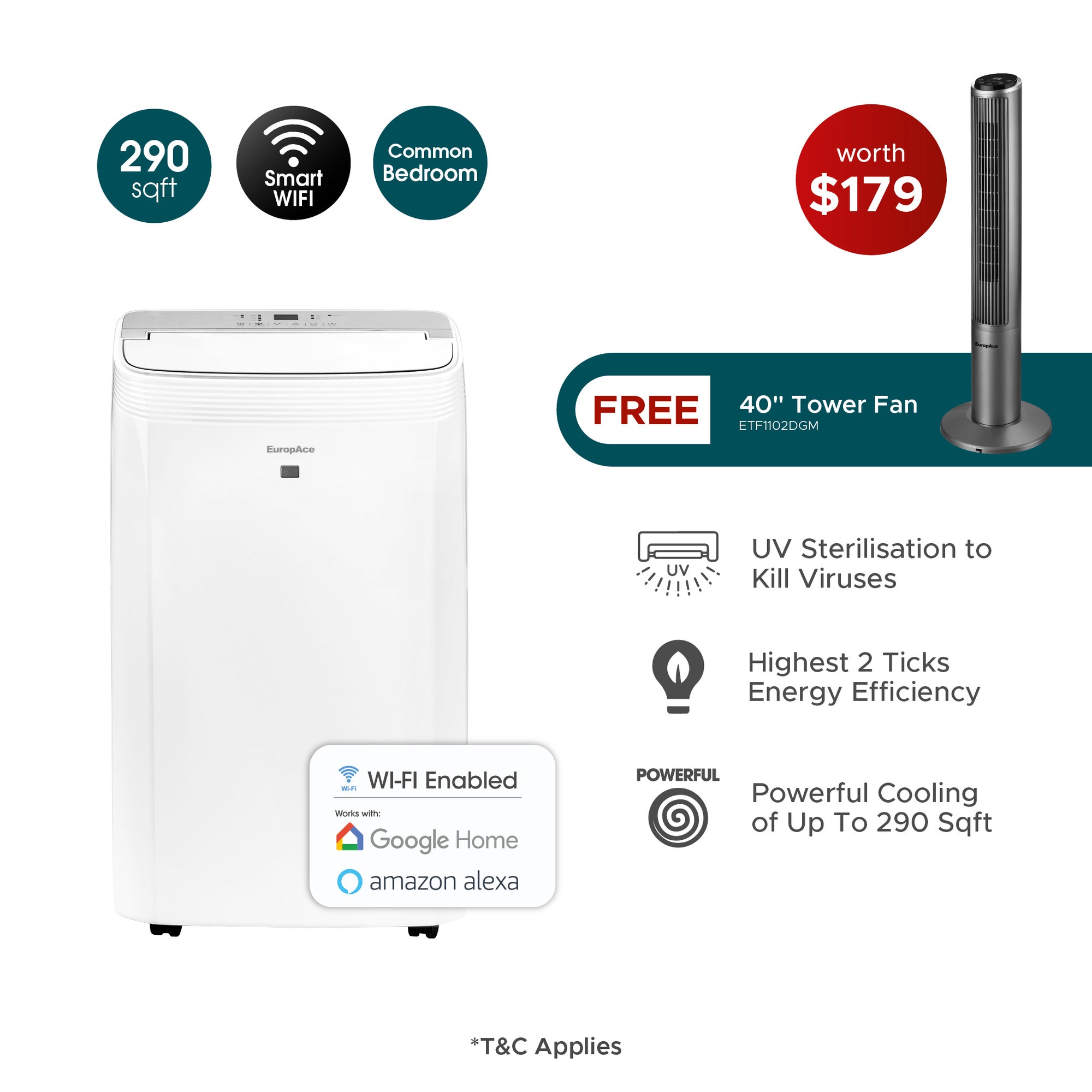 [2025 Model] 12,000 BTU 4-IN-1 Smart Air Purifying Green Portable Aircon | 290sqft, 99.97% Airborne Particles Removal, Smart WiFi with FREE Tower Fan (Worth $179)