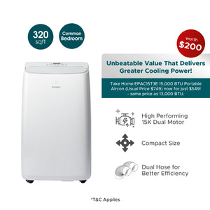 [2025 Model] 15,000 BTU Dual Hose Portable Aircon | Free Cooling Upgrade Worth $200 – Same Price as 13,000 BTU | 320 sqft Compact Series | Extra Cold, Ready Stock (Singapore)