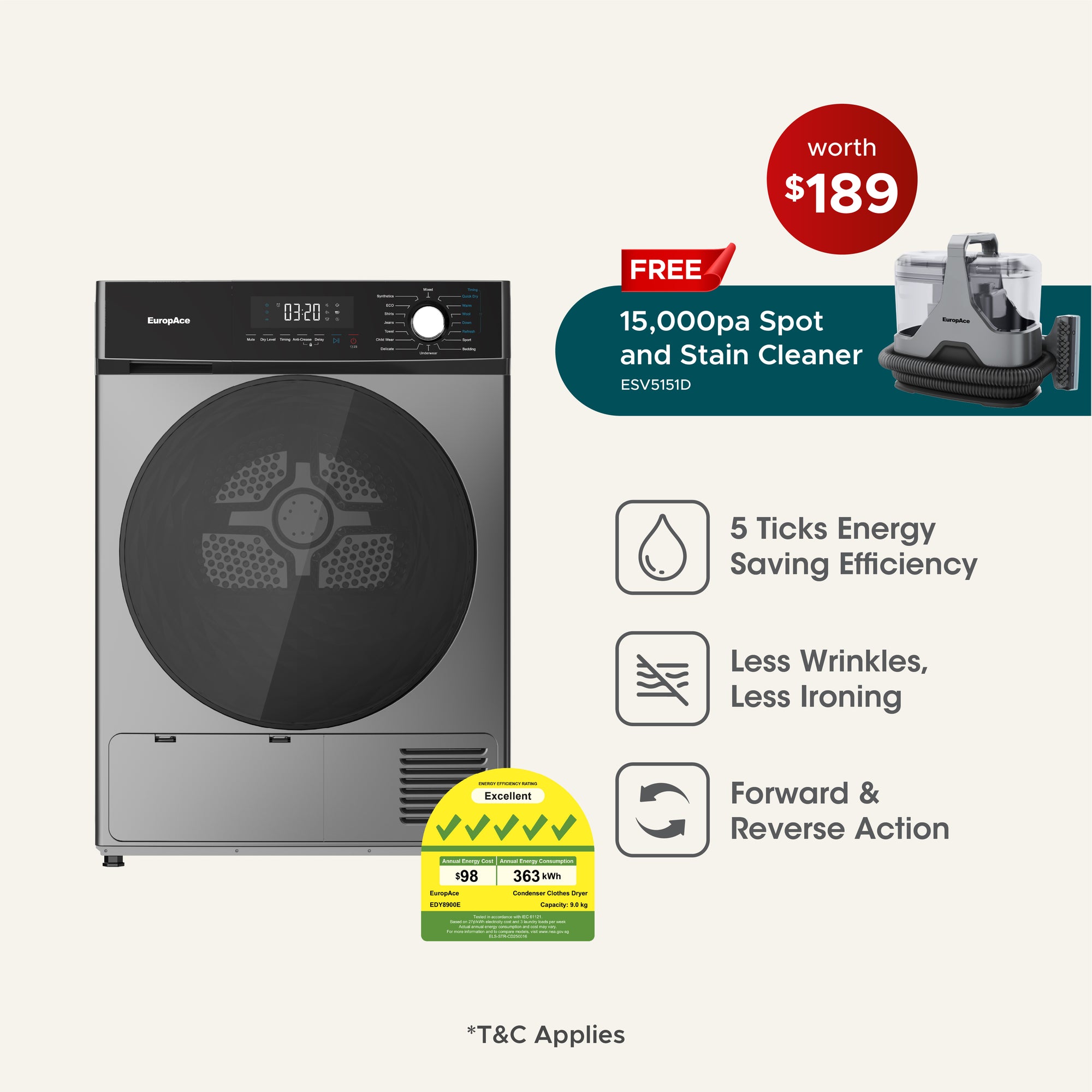 9KG 5 Ticks Heat Pump Dryer with FREE Spot and Stain Cleaner (Worth $189)