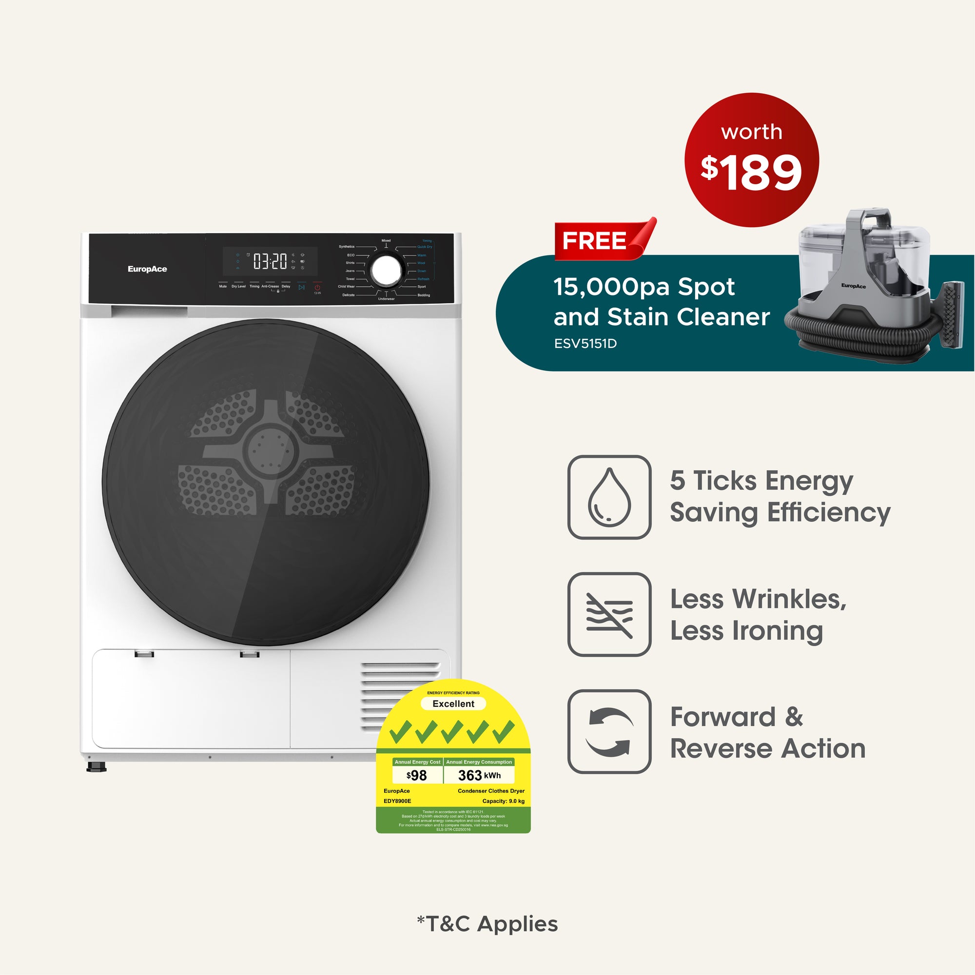 9KG 5 Ticks Heat Pump Dryer with FREE Spot and Stain Cleaner (Worth $189)