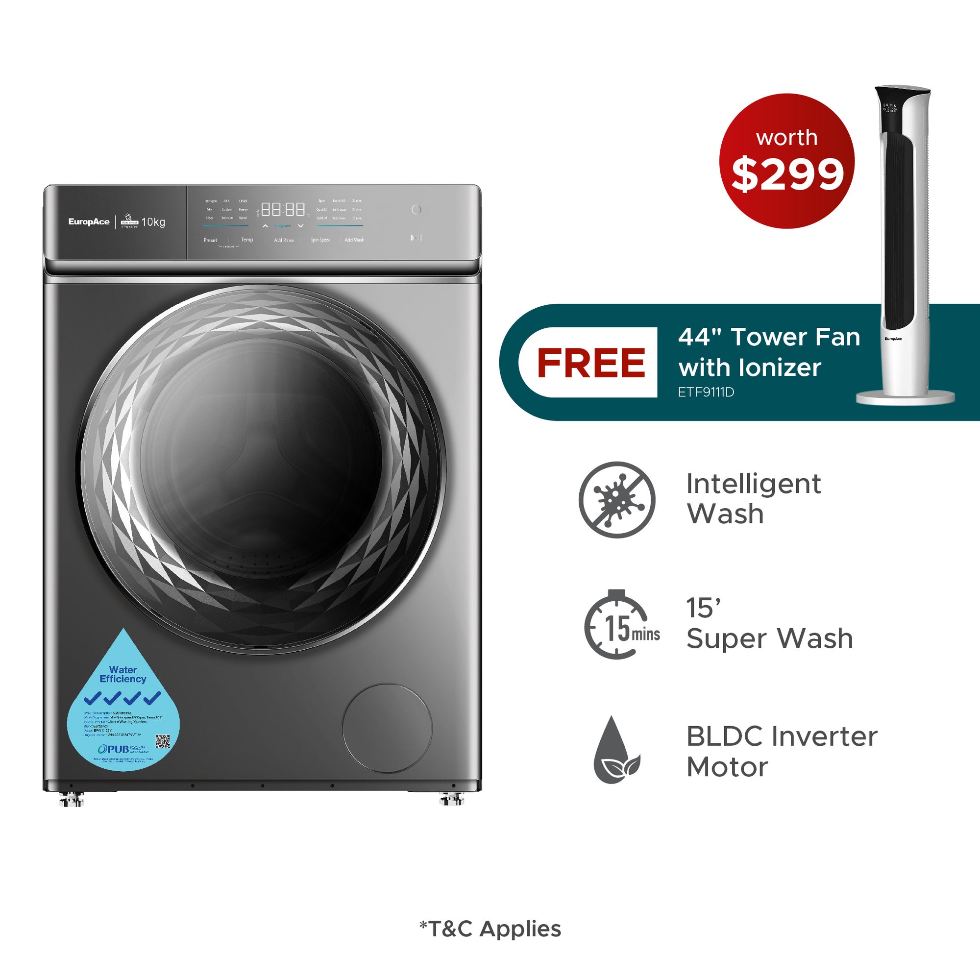 10KG 4 Ticks Steam Front Load Washer with FREE Tower Fan (Worth $299)