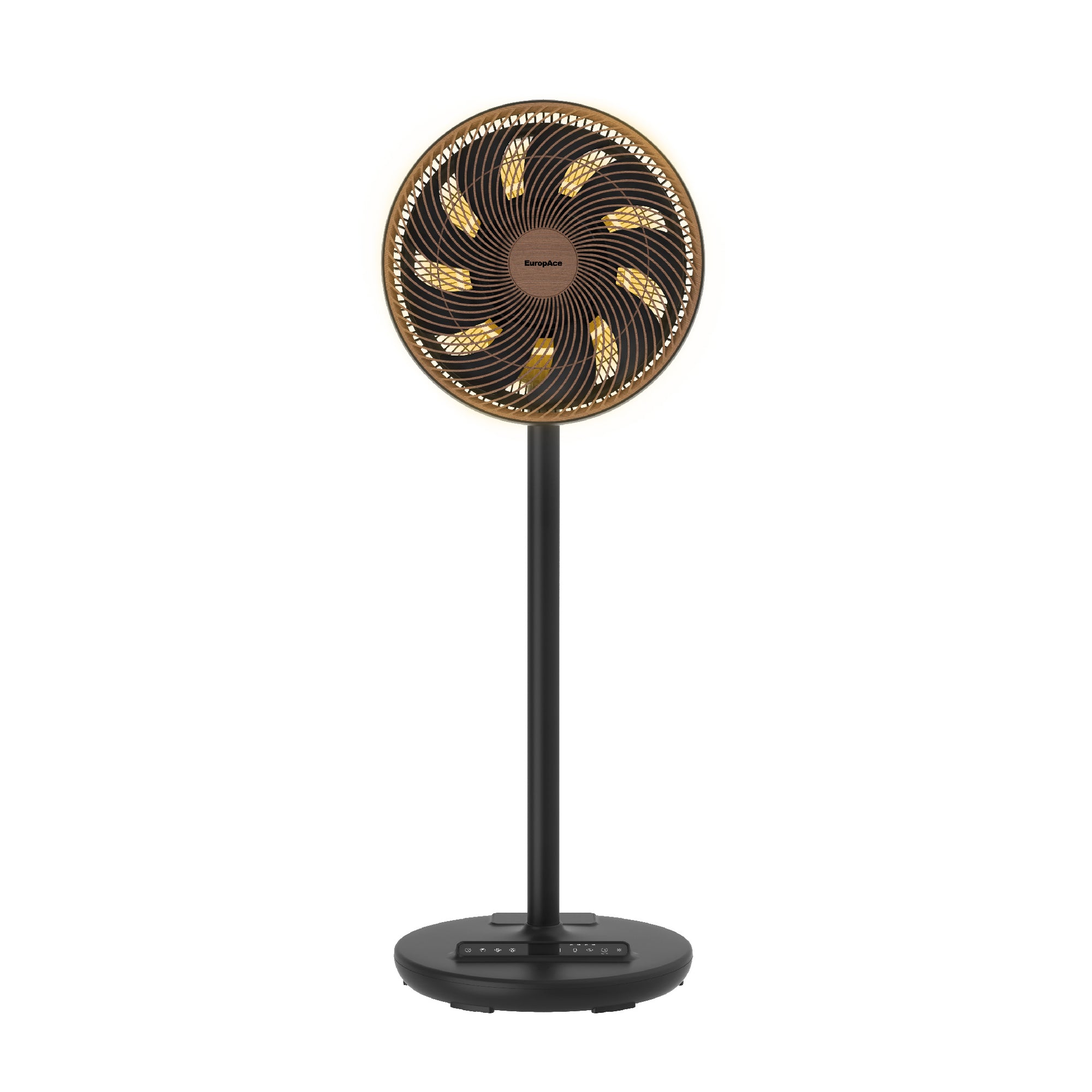 12” Portable DC High Velocity Fan w Ambient Light (Black with Dark Wood) | Power on the Go (Power Bank Compatible), 3D Oscillation, Easy Clean