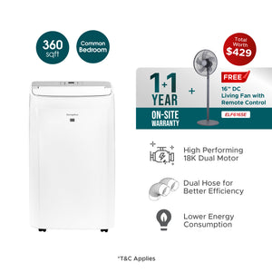 [Extra Powerful] 18,000 BTU Dual Hose Portable Air Conditioner | 360sqft, Compact Series with 2Years Full Warranty (Worth $200) + FREE Fan (Worth $229)