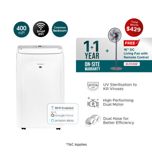 [Extra Powerful] 20,000 BTU Smart Air Purifying Dual Hose Portable Aircon (4-IN-1) | 400sqft, 99.97% Airborne Particles Removal, Smart WiFi with 2Years Full Warranty (Worth $200) + FREE Fan (Worth $229)