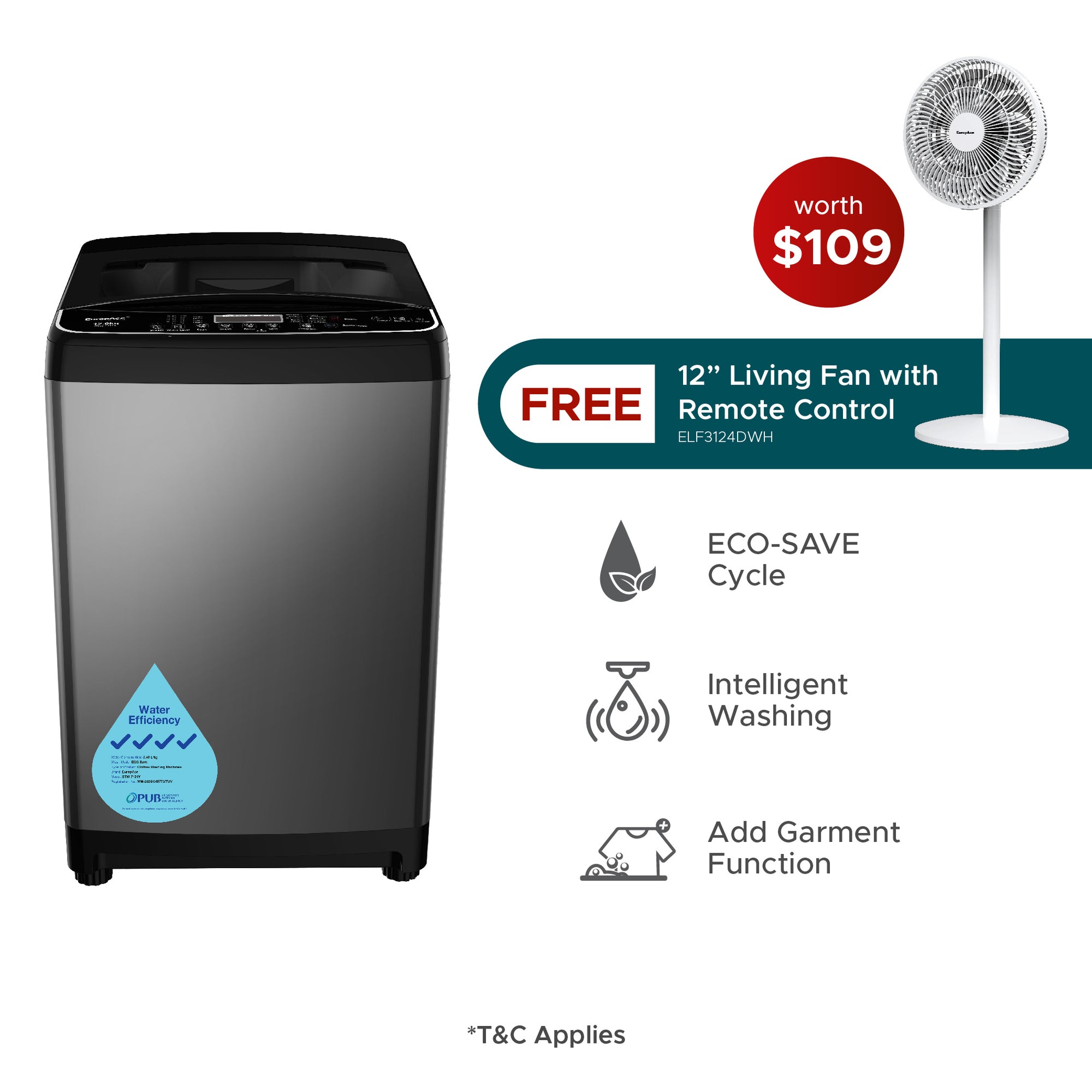 12KG 4 Ticks Top Load Washer with FREE 12" Stand Fan (Worth $109)