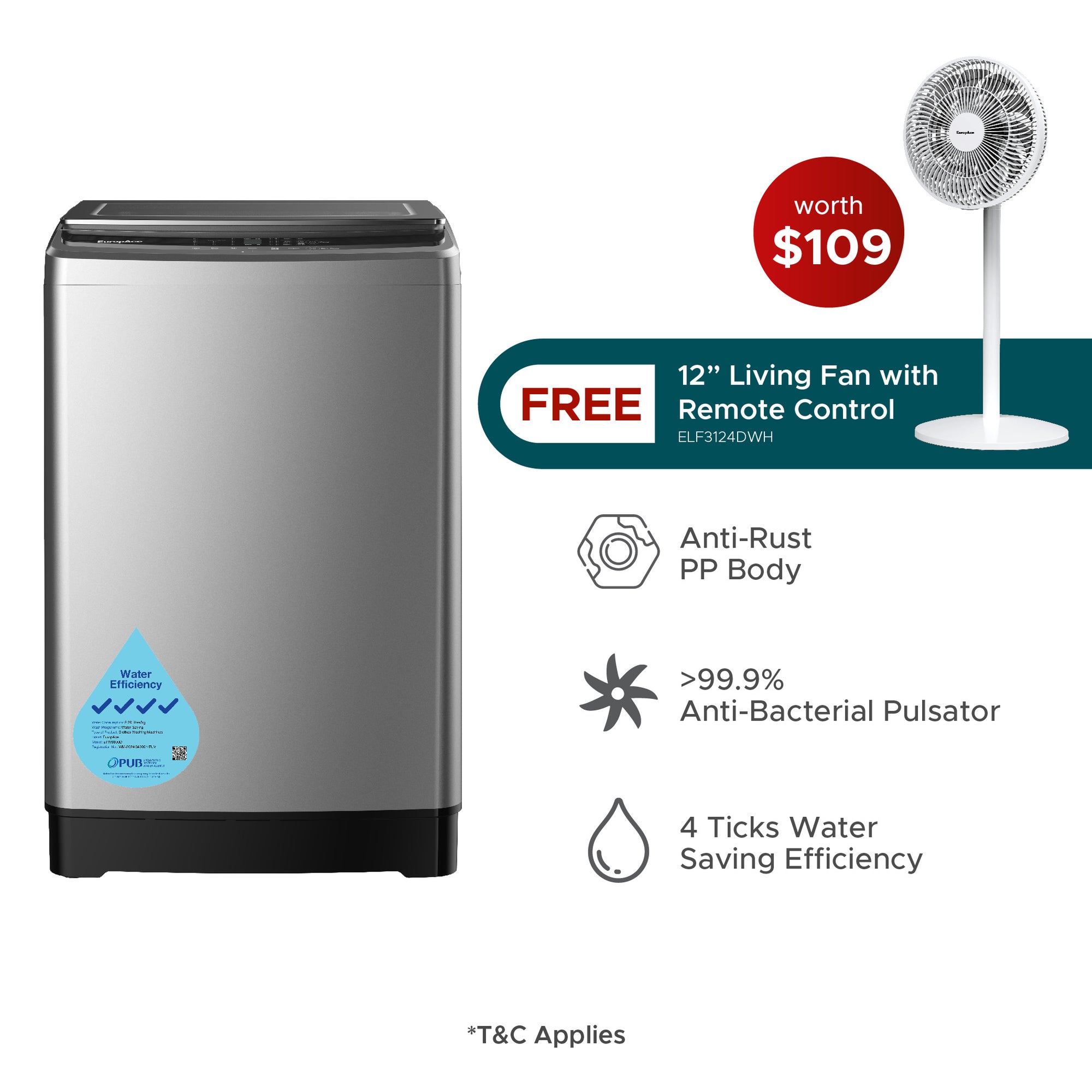 8KG 4 Ticks Top Load Washer with FREE 12" Stand Fan (Worth $109)