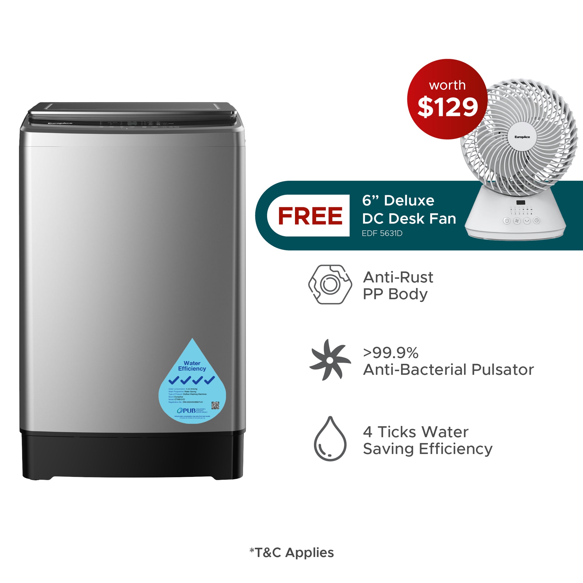 10KG 4 Ticks Top Load Washer with FREE BLDC Desk Fan (Worth $129)