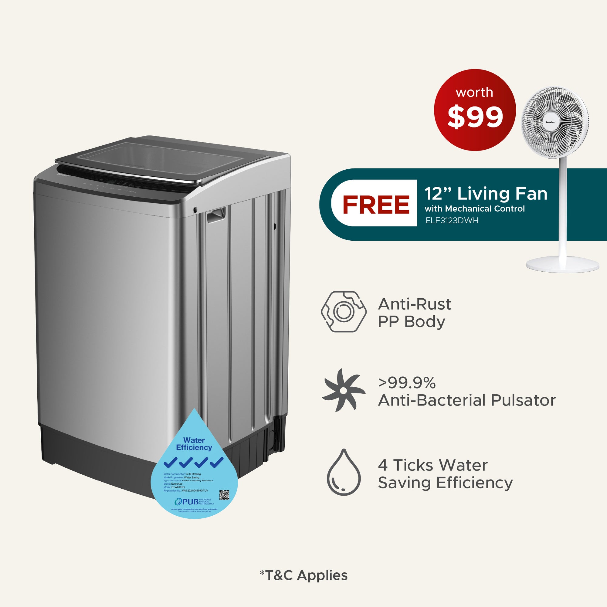 10KG 4 Ticks Top Load Washer with FREE 12” Living Fan (Worth $99)