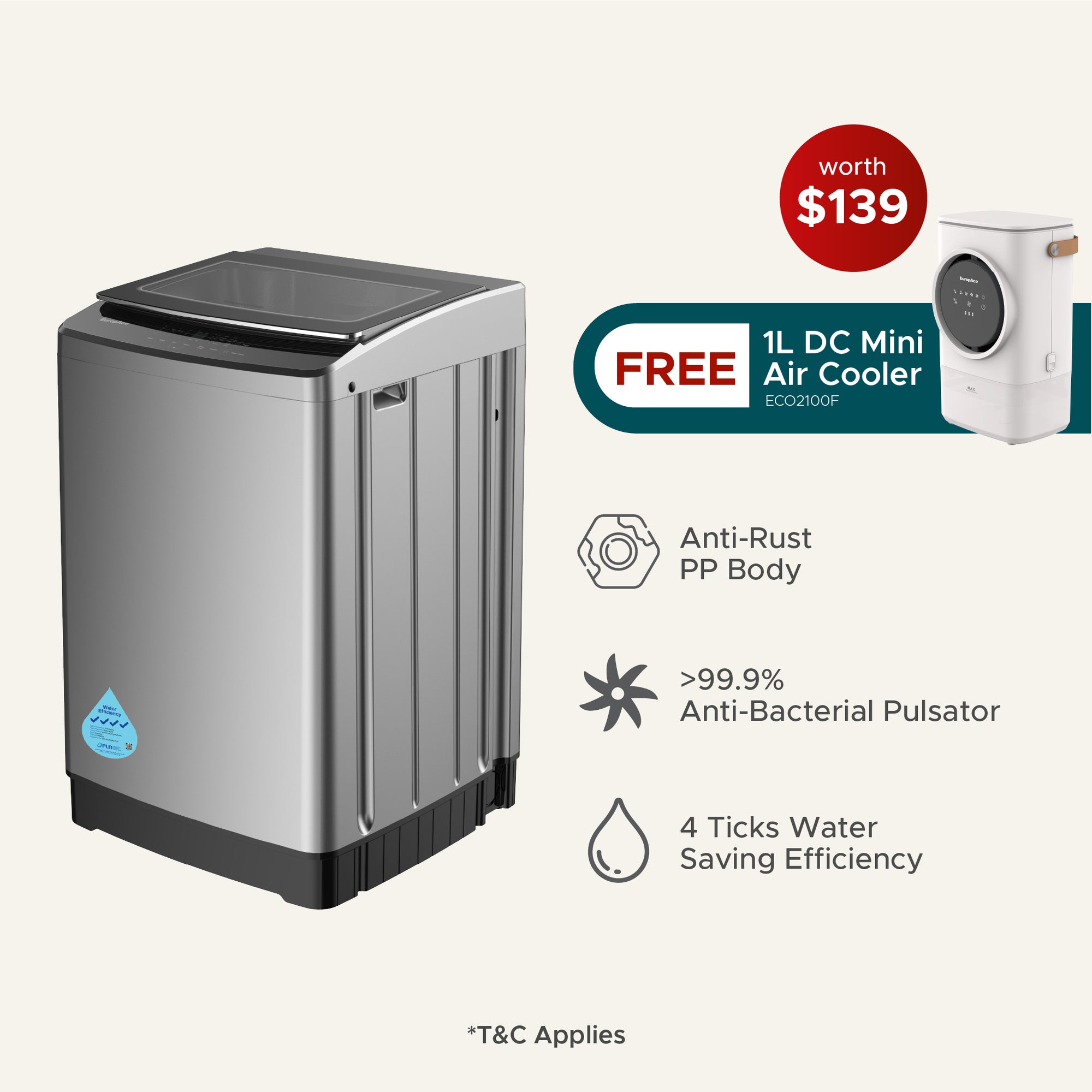 8KG 4 Ticks Top Load Washer with FREE 1L DC Mini Air Cooler (Worth $139)