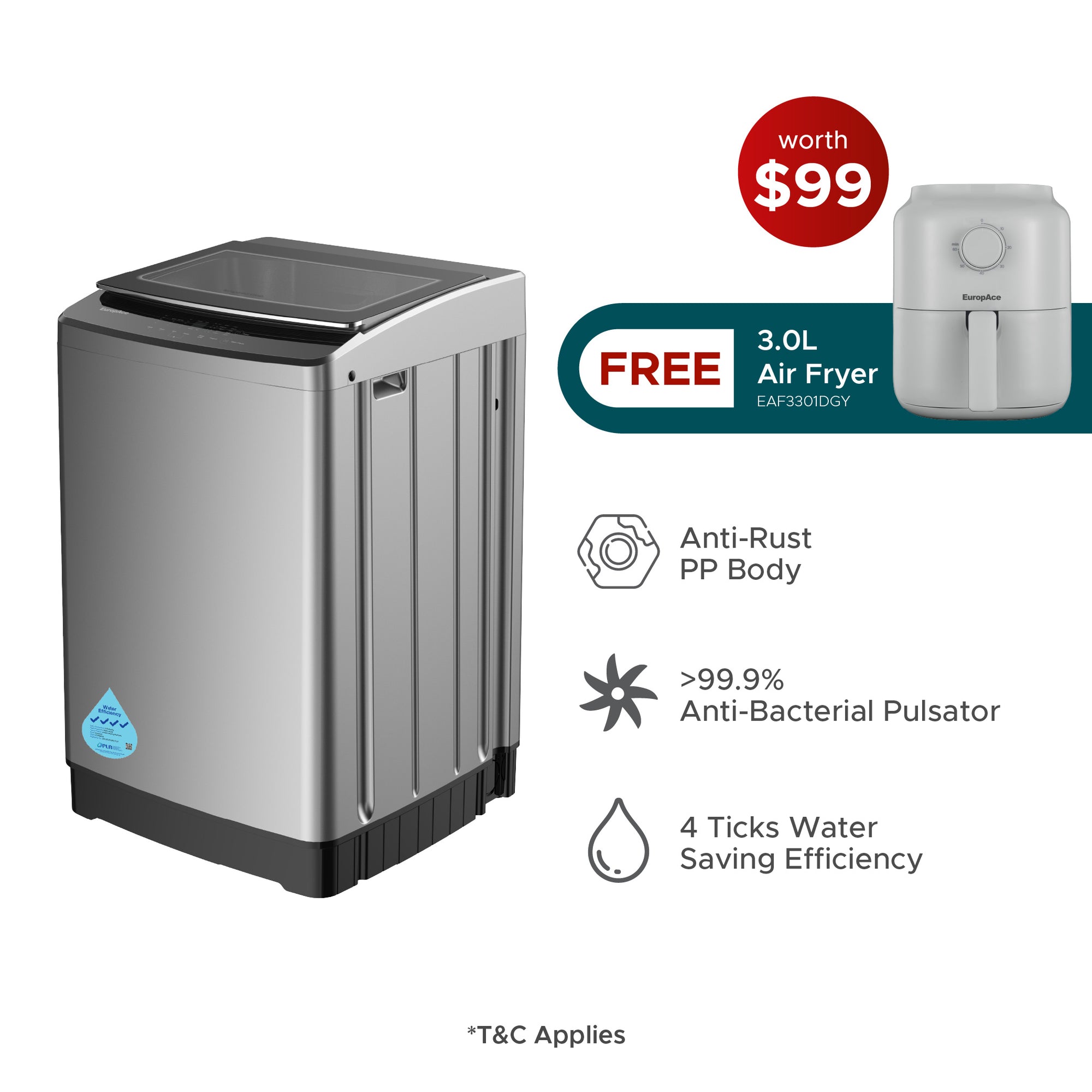 8KG 4 Ticks Top Load Washer with FREE 3.0L Air Fryer (Worth $99)