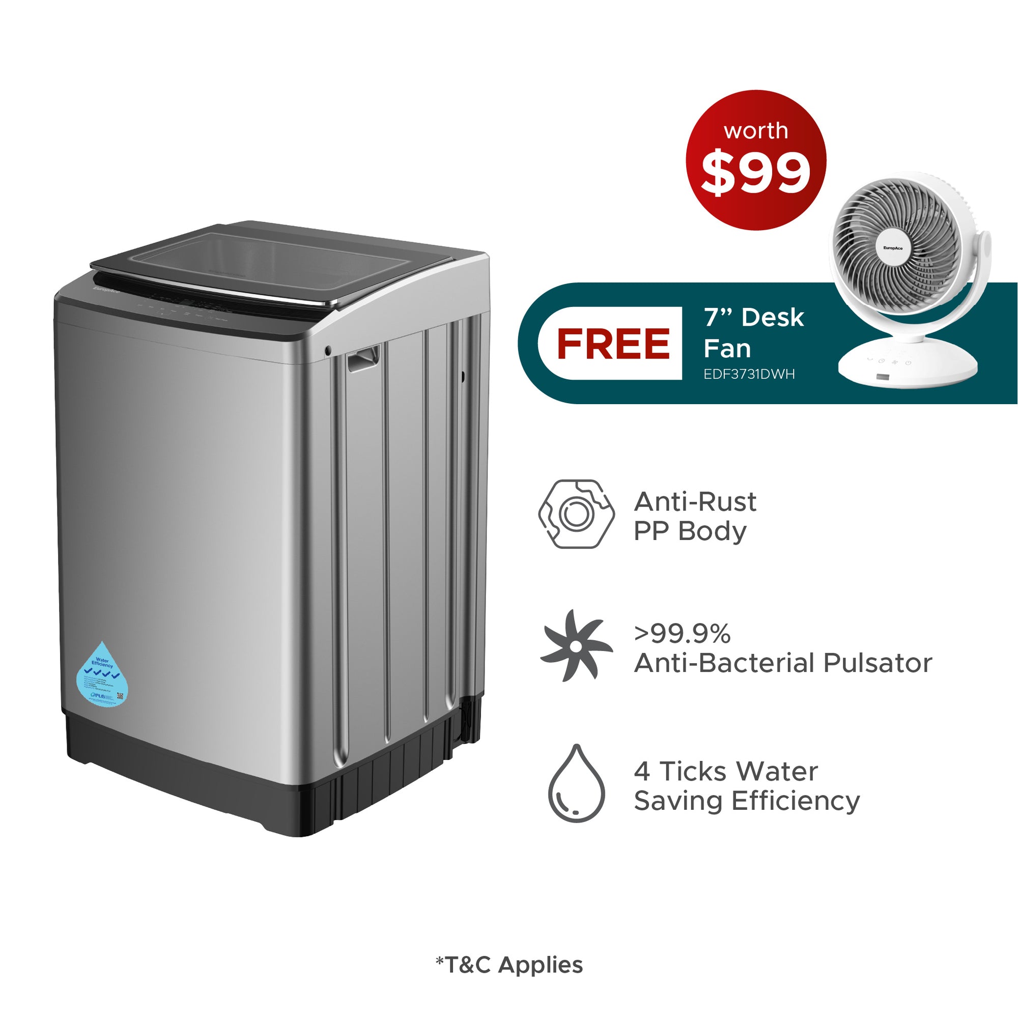 8KG 4 Ticks Top Load Washer with FREE 7" Desk Fan (Worth $99)