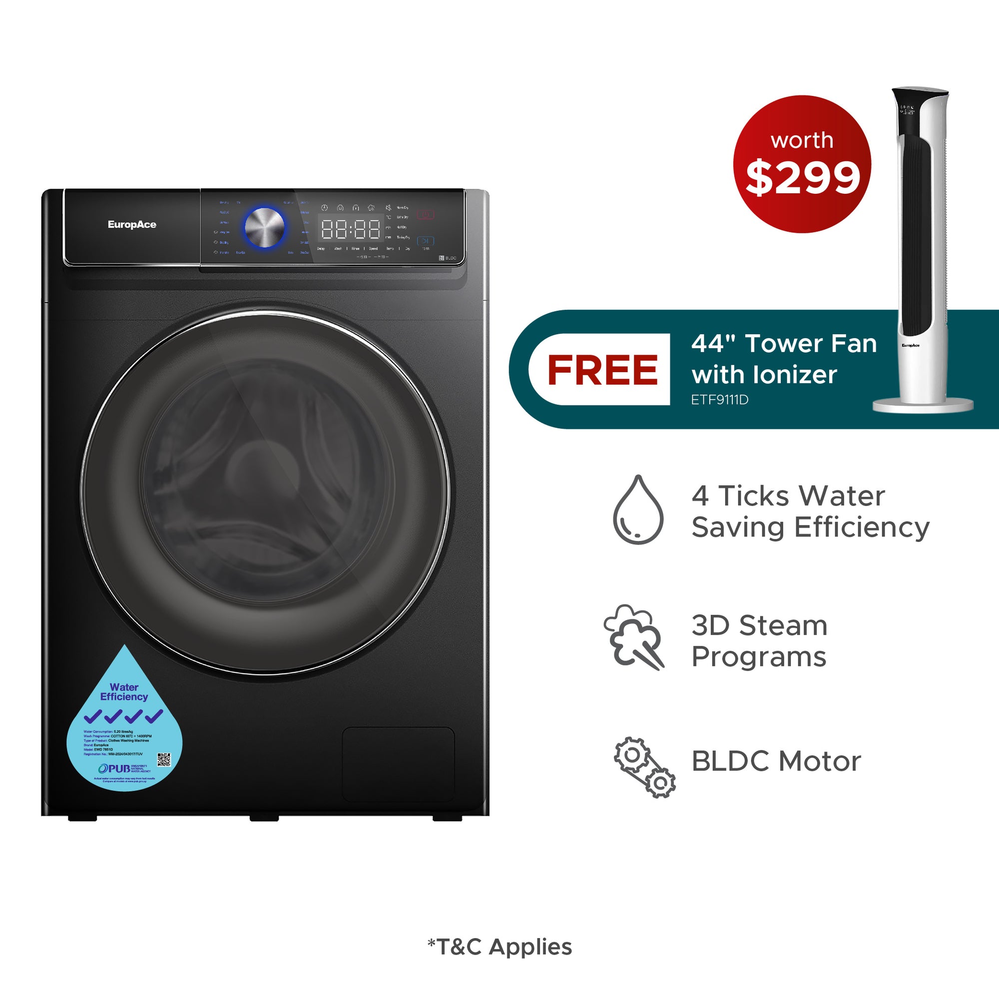 8+5KG 4 Ticks Steam Washer Dryer with FREE Tower Fan (Worth $299)