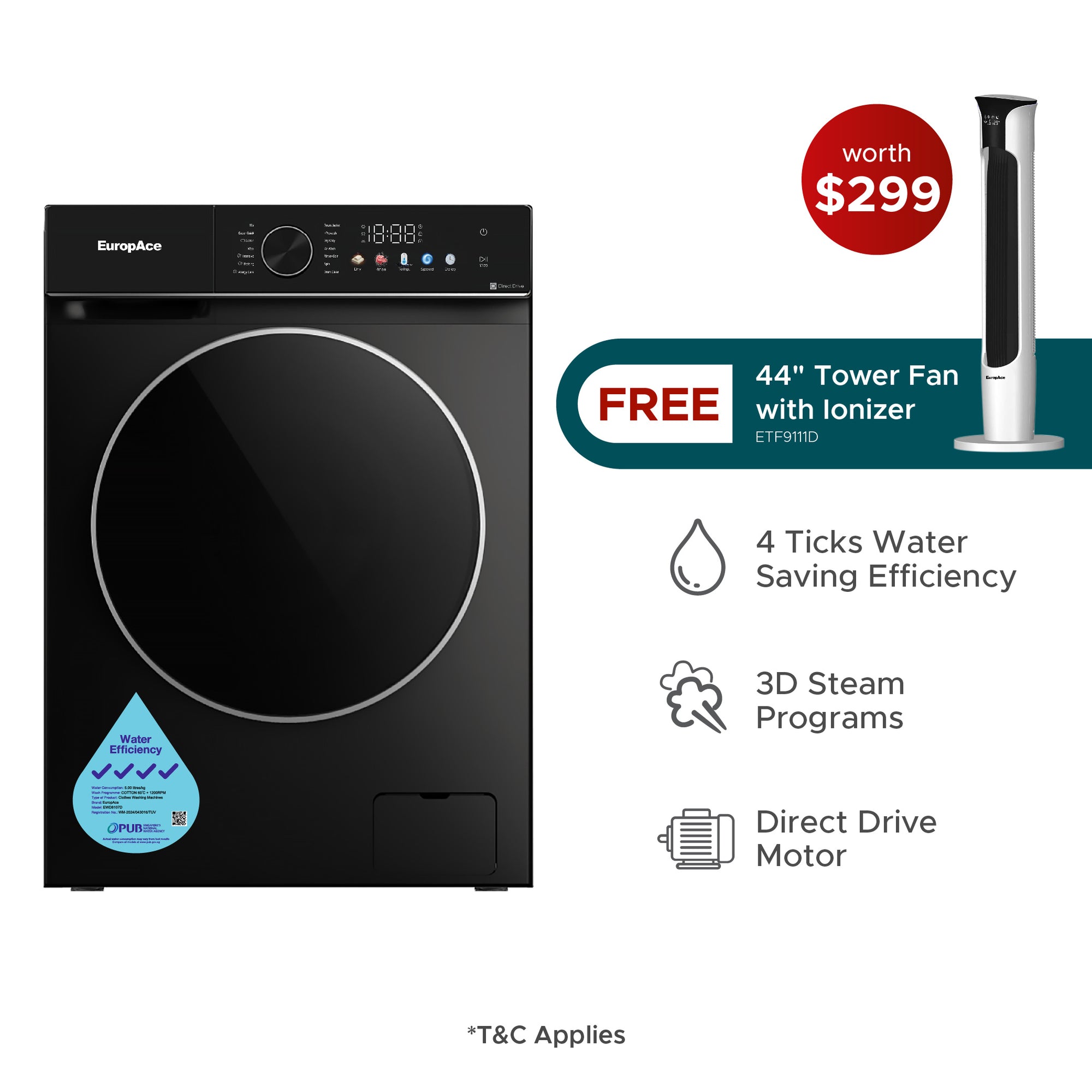 10+7KG 4 Ticks Steam Washer Dryer with FREE Tower Fan (Worth $299)