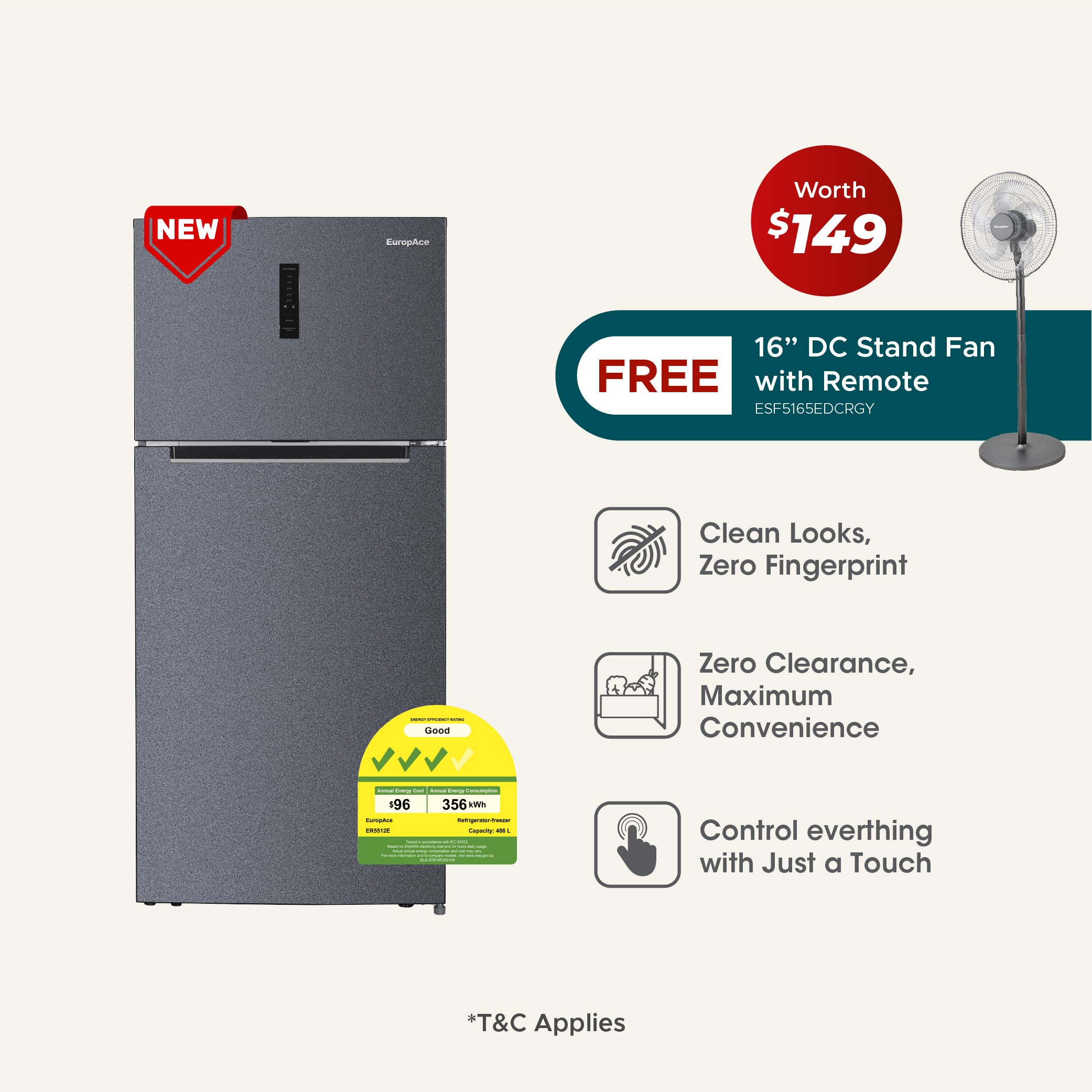 リミテッドエディション1 Lumine Series 480L Top Mount Fridge with FREE 16” DC Stand Fan