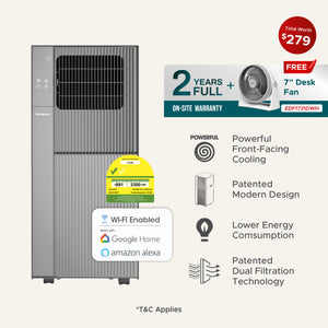 [NEW] 12,000 BTU Dual Filtration Portable Aircon | 2Years Full Warranty (Worth $200) + Free Desk Fan EDF1731D (Worth $79), 40% Energy Saving, 5y Compressor Warranty