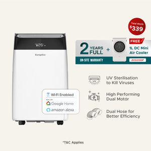 15,000 BTU Air Purifying Dual Hose Portable Aircon with WiFi (4-IN-1) | 320sqft, 99.97% Airborne Particles Removal, Smart WiFi, Front LED Display with 2Years Full Warranty (Worth $200) + FREE mini air cooler (Worth $139)