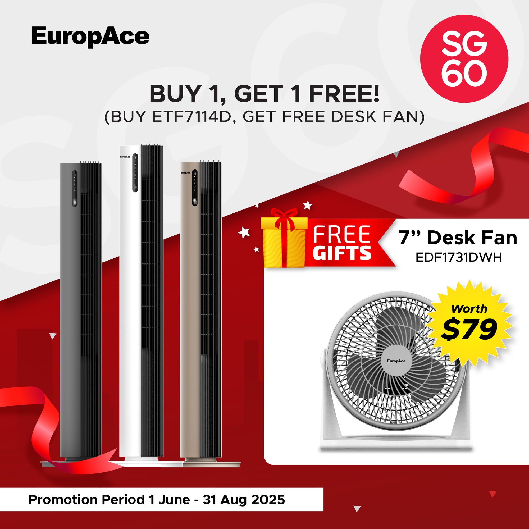 44" DC Tower Fan with Air Sterilizer | 99.99% Bacteria & Virus Sterilization with FREE Desk Fan (Worth $79)