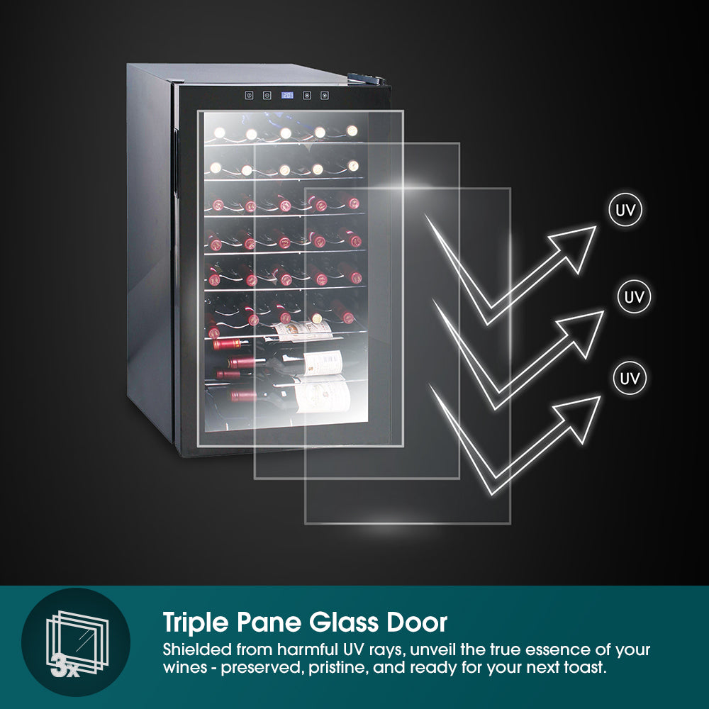 33 Bottles Wine Chiller | 3 Layered Anti-UV Glass, Recessed Handle
